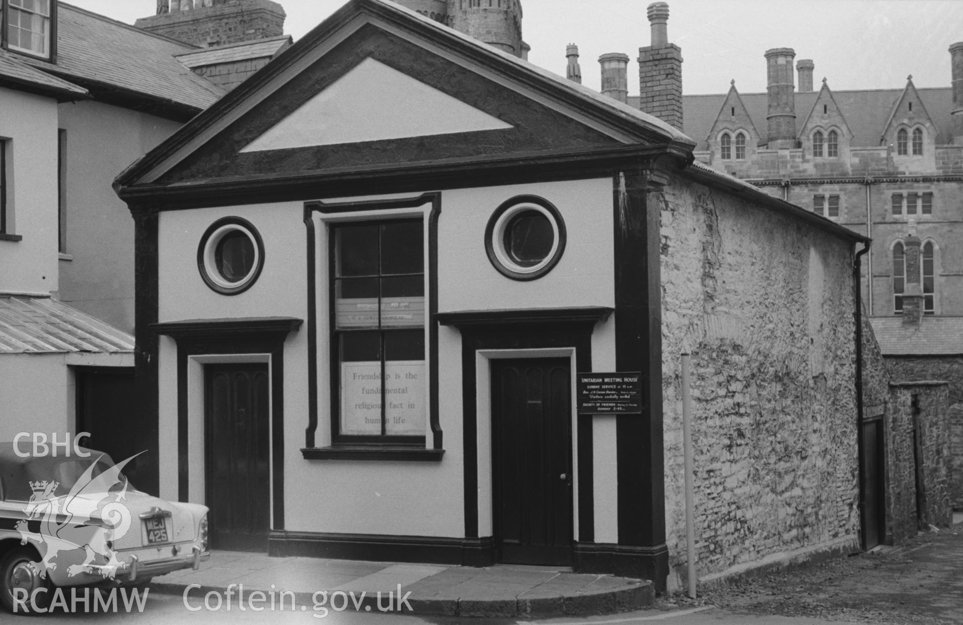 Digital copy of a black and white negative showing exterior view of The Unitarian Chapel on New Street, Aberystwyth. Photographed by Arthur O. Chater on 15th August 1967, looking north west from Grid Reference SN 581 817.
