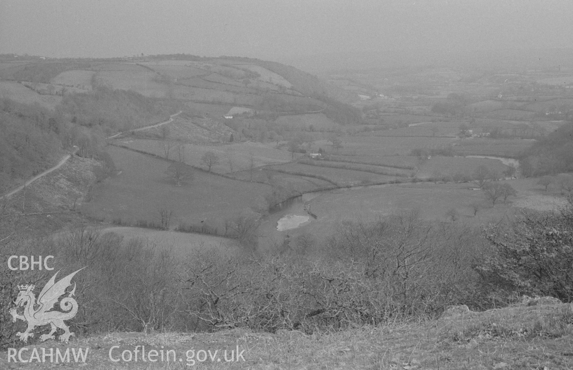 Digital copy of a black and white negative showing view looking east up the Teifi from Craig Gwytheyrn to Llanfihangel-ar-Arth, Cwmmachwith farm on left in the middle distance. Photographed by Arthur O. Chater on 12th April 1967 from Grid Ref SN 434 403.