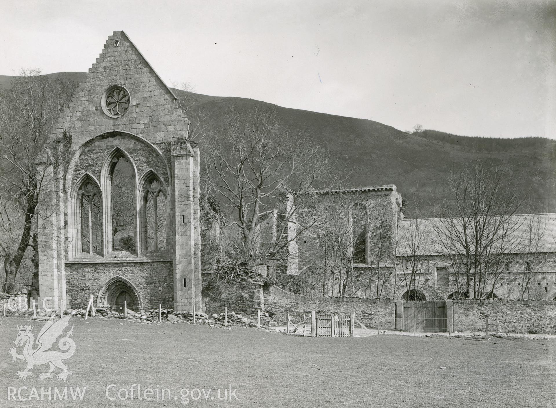 Digitised copy of a black and white photograph showing Valle Crucis Abbey from west, taken by F.H. Crossley, 1949. Copied from print as negative held by NMR England (Historic England).
