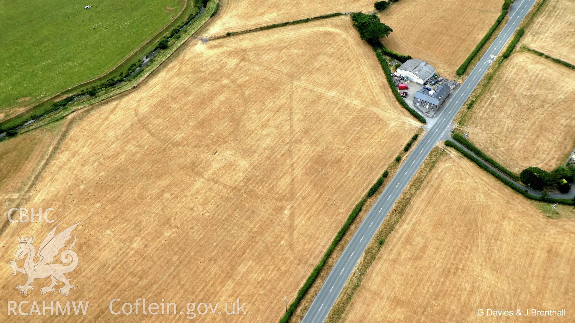 Aerial photograph of the Bryn-Crug cropmark complex, taken by Glyn Davies & Jonathan Brentnall under drought conditions, 15/07/2018. This photograph has been modified to enhance the visibility of the archaeology. Original photograph: BDC_01_01_04.