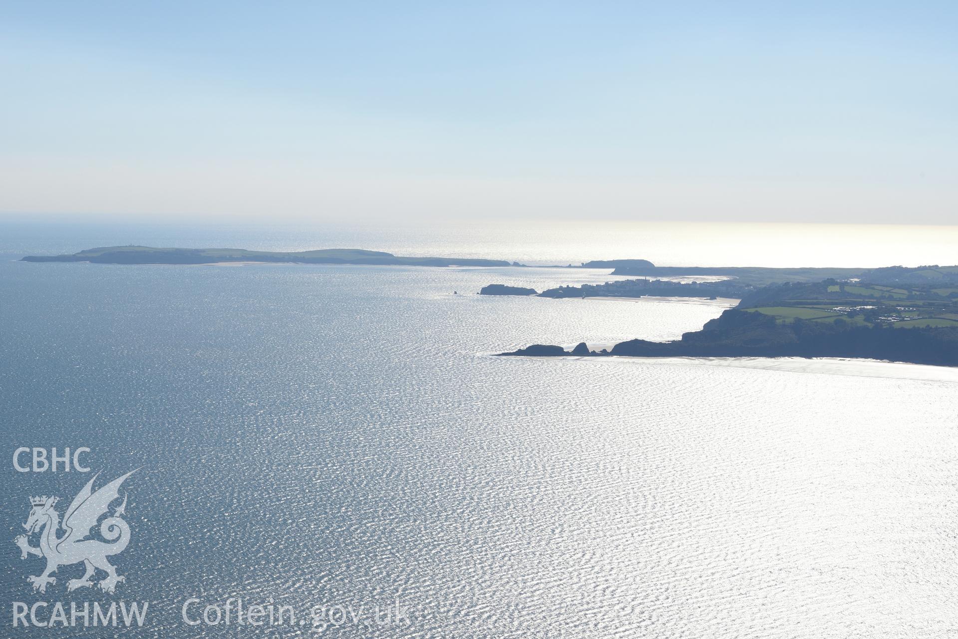 Caldey Island, near Tenby, off the south Pembrokeshire coast. Oblique aerial photograph taken during the Royal Commission's programme of archaeological aerial reconnaissance by Toby Driver on 30th September 2015.