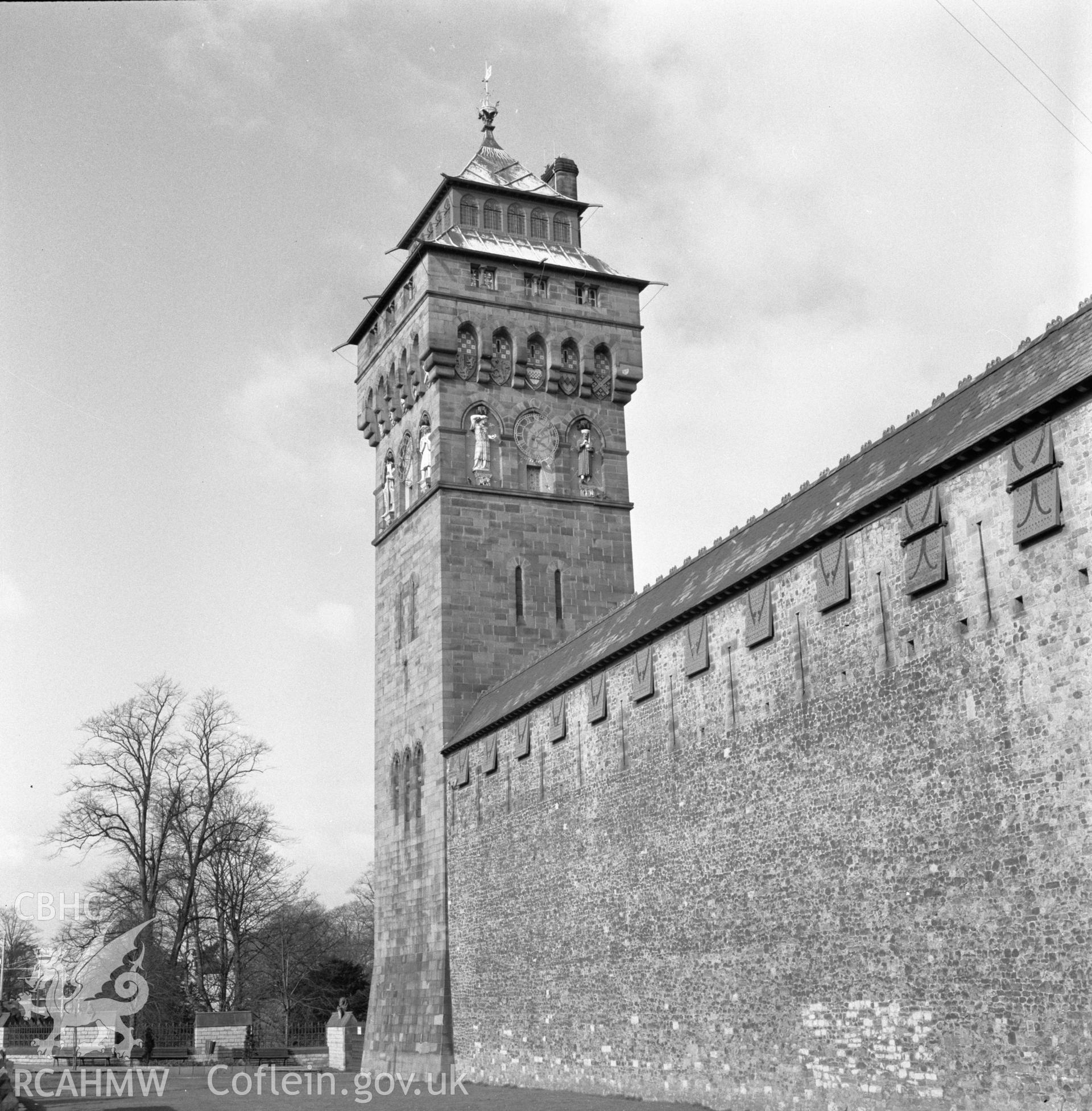 Digital copy of a black and white photograph showing Bute Tower at Cardiff Castle, taken 21st February 1966.