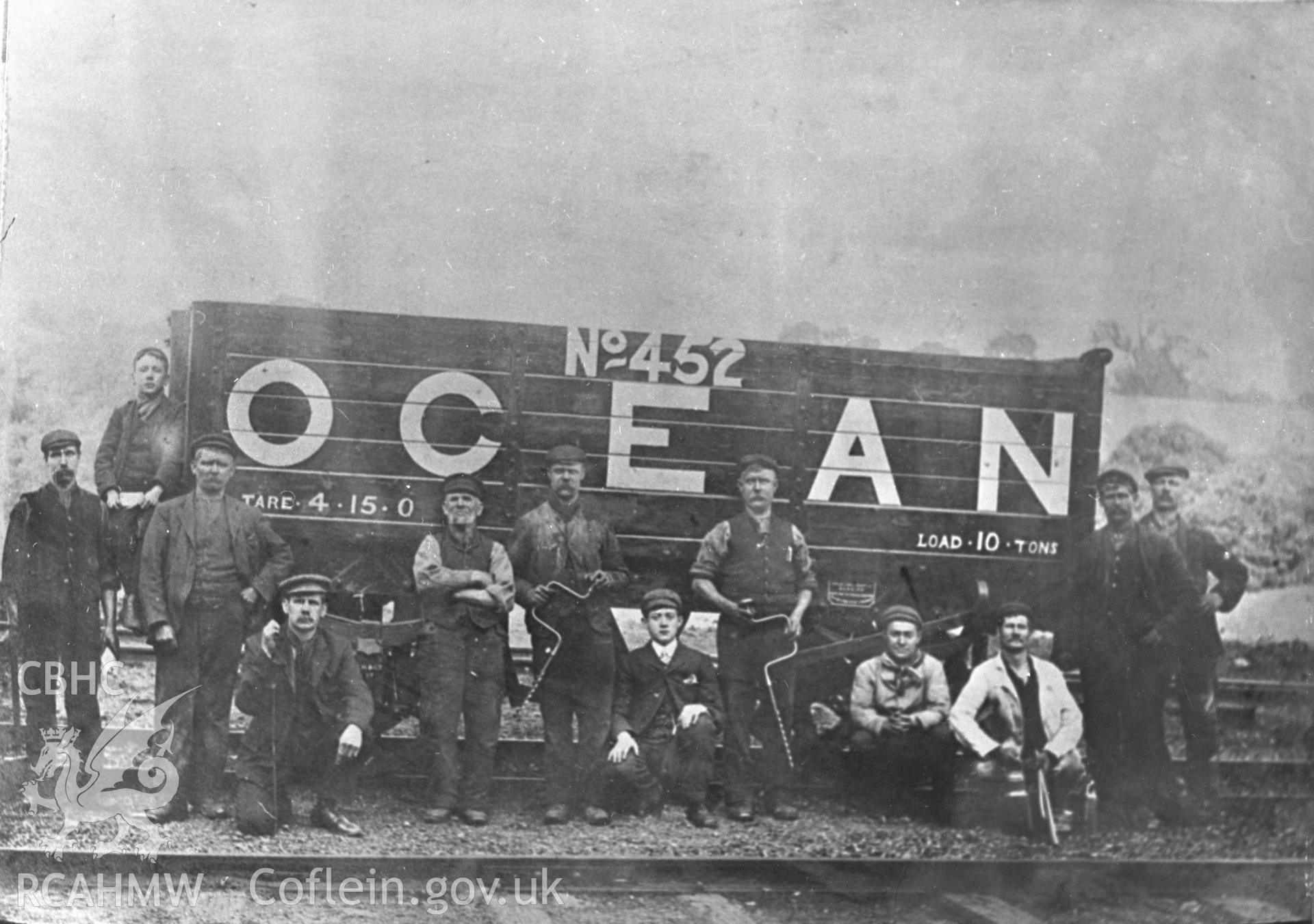 Digital copy of an acetate negative showing group of workers with "Ocean" coal wagon at Ocean Deep Navigation Colliery, from the John Cornwell Collection.