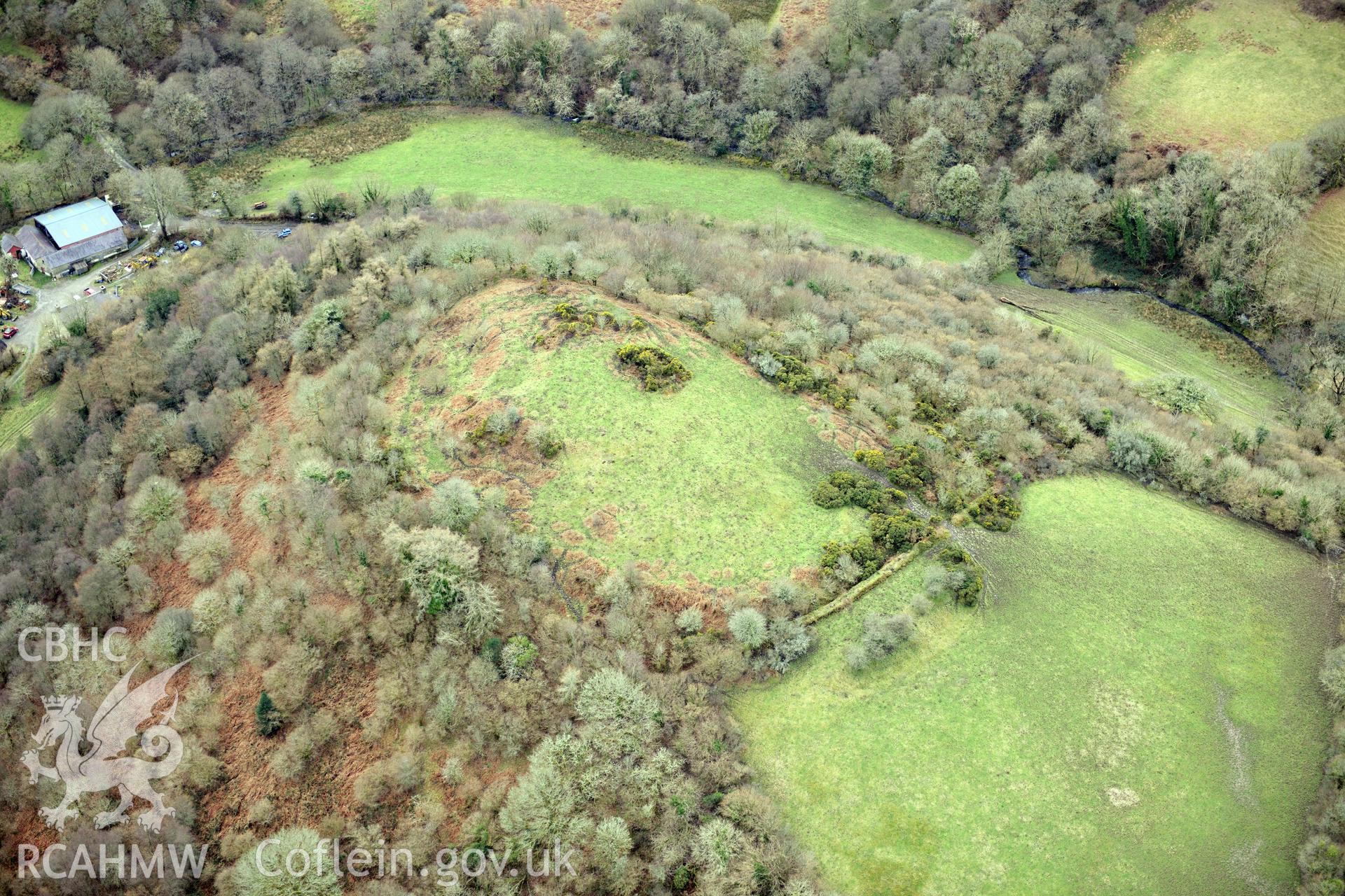 Dinas Cerdin hillfort, near Ffostrasol, Cardigan. Oblique aerial photograph taken during the Royal Commission's programme of archaeological aerial reconnaissance by Toby Driver on 13th March 2015.