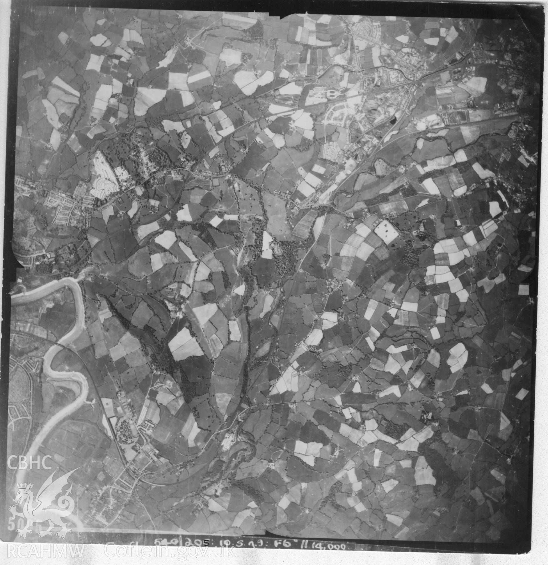 Aerial photograph of Cwmbran, taken on 10th May 1949. Included as part of Archaeology Wales' desk based assessment of former Llantarnam Community Primary School, Croeswen, Oakfield, Cwmbran, conducted in 2017.