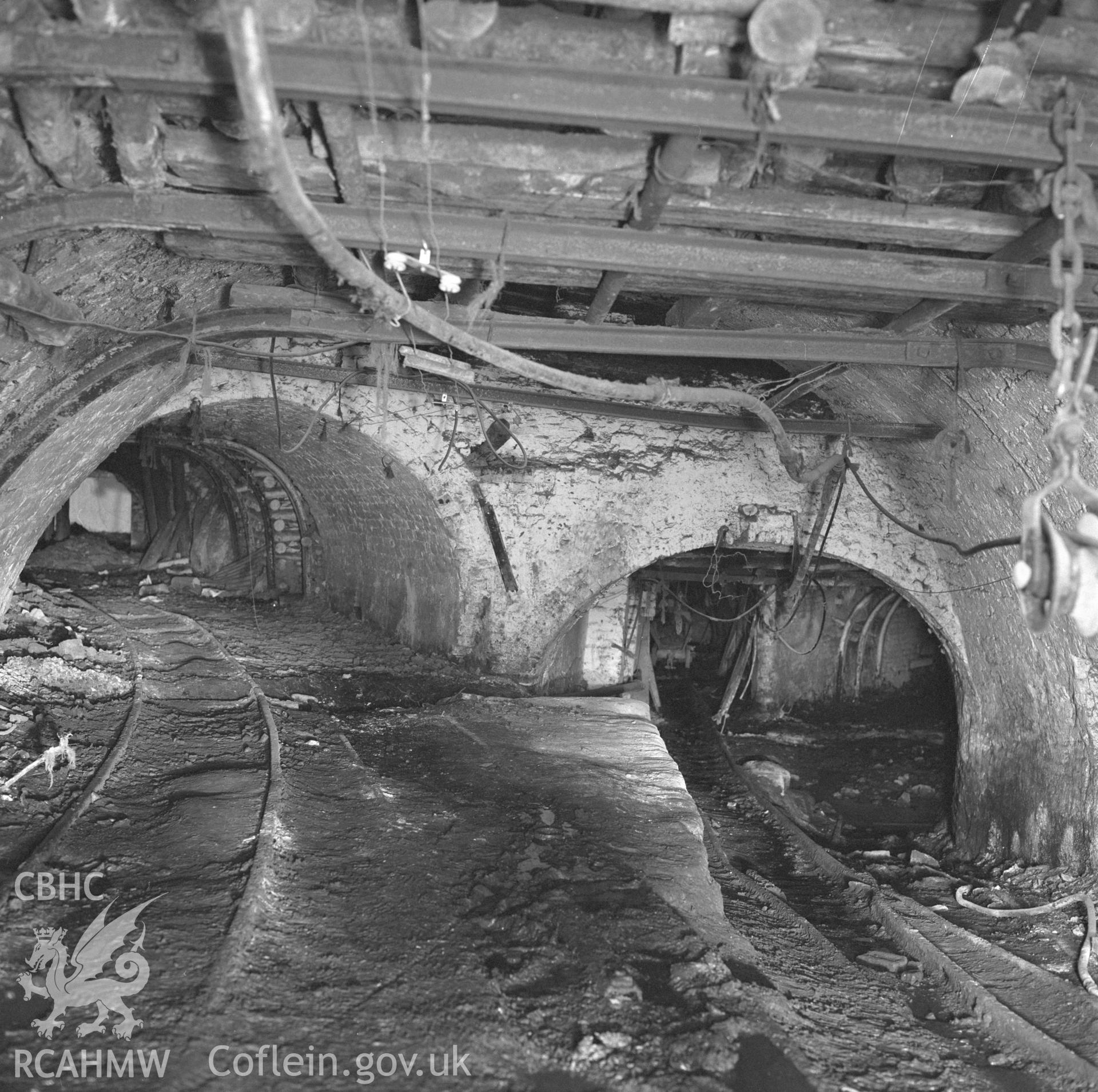 Digital copy of an acetate negative showing pit bottom  at Big Pit, from the John Cornwell Collection.