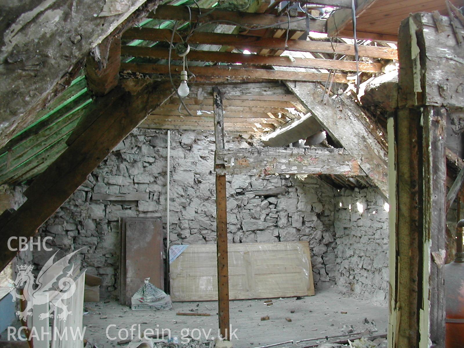 Colour photograph showing detailed interior view of attic at Rosacre, Gronant, Prestatyn. Unknown date. Donated by the Conservation Department of Flintshire County Council, in advance of relocation to new offices.