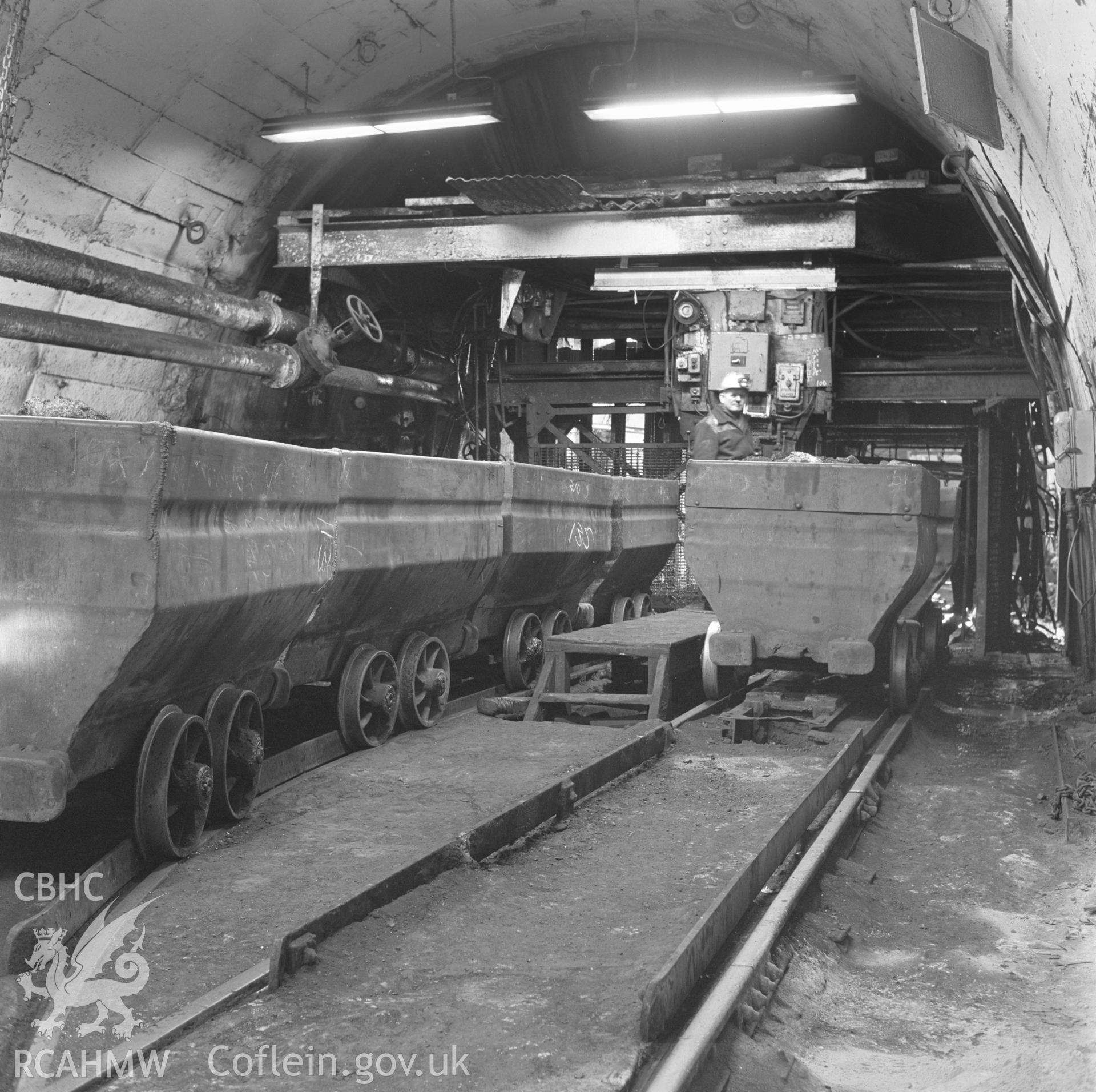 Digital copy of an acetate negative showing trams at pit bottom at Ocean Deep Navigation Colliery, from the John Cornwell Collection.