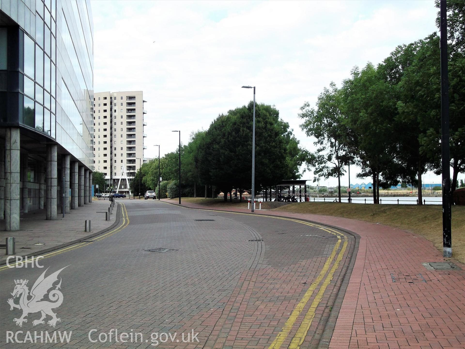 Colour photograph of Britannia Quay (road), Roath Basin, Butetown, Cardiff. Photographed during survey conducted by Adam N. Coward on 17th July 2018.
