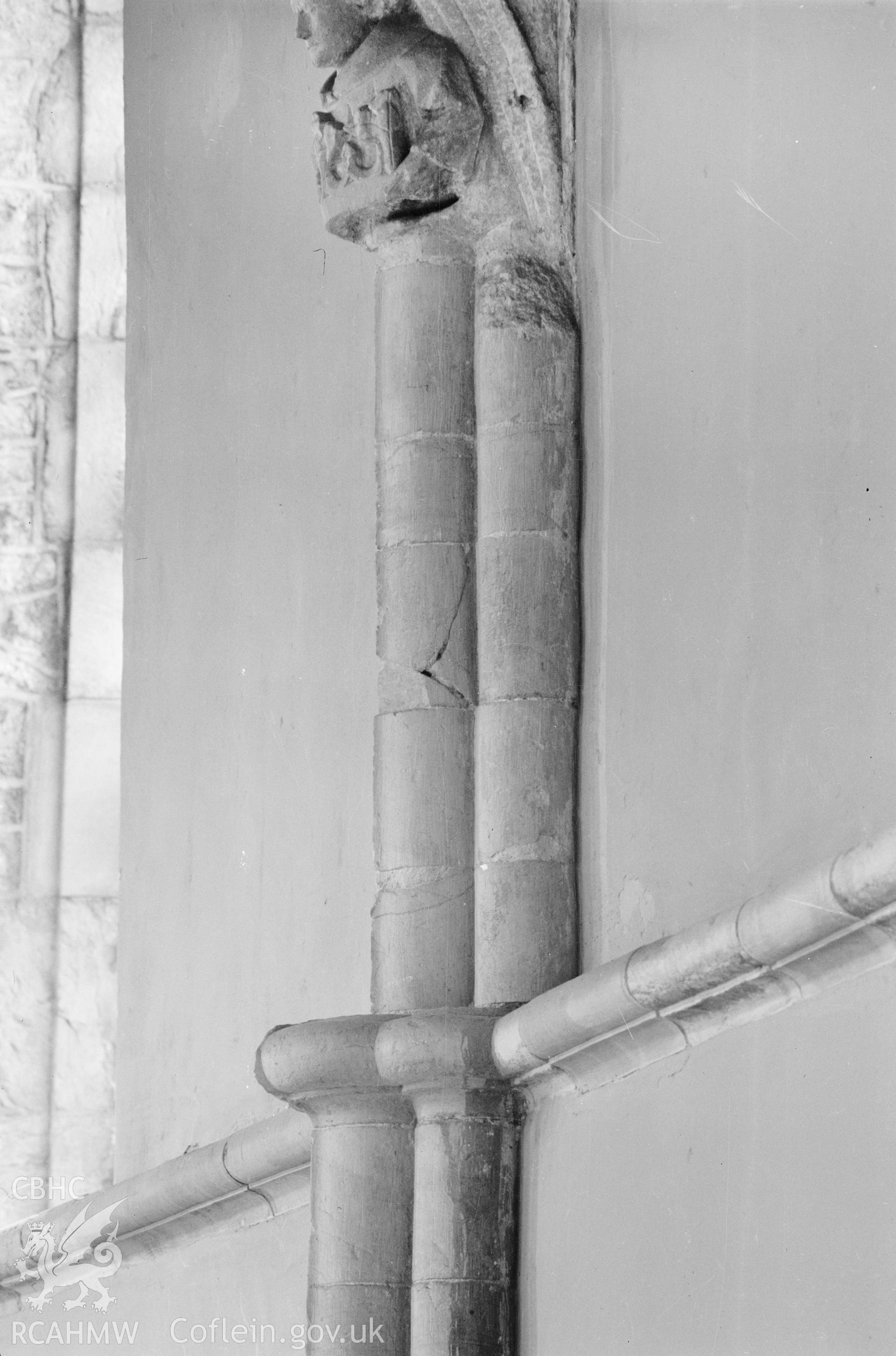 Digital copy of a black and white nitrate negative showing interior stonework decoration at St. David's Cathedral, taken by E.W. Lovegrove, July 1936
