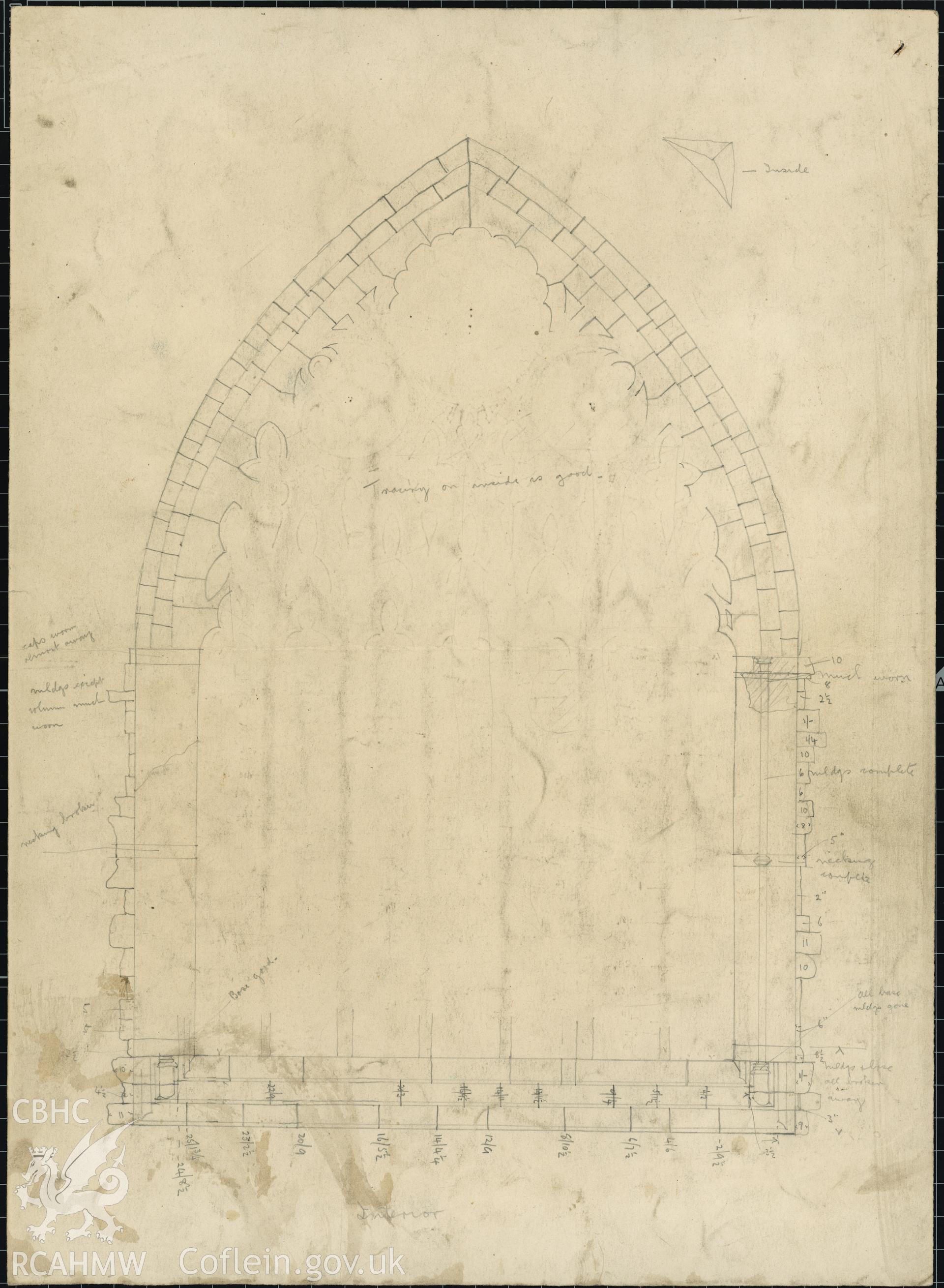 Digital copy of Cadw guardianship monument drawing of Tintern Abbey, colour-wash measured drawing of exterior of west window, with incomplete pencil sketch of interior on reverse.  Dated 16th October 1920.