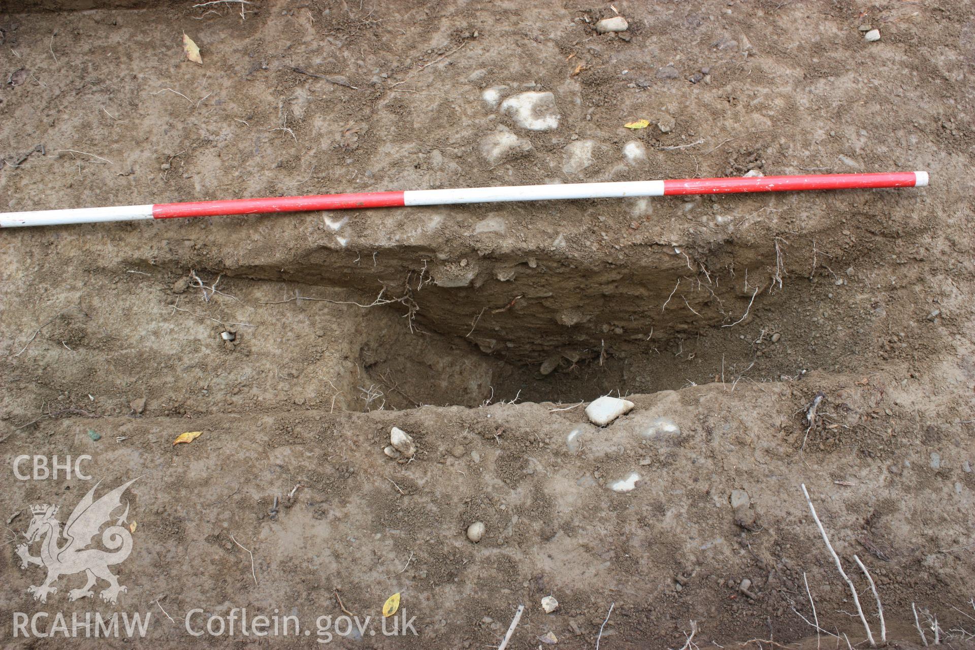 Digital photograph showing V-shaped ditch [003] with root disturbance on NE (right) side - part of archaeological field evaluation at Trawscoed Mansion, Trawscoed, produced by Cambrian Archaeological Projects Ltd.