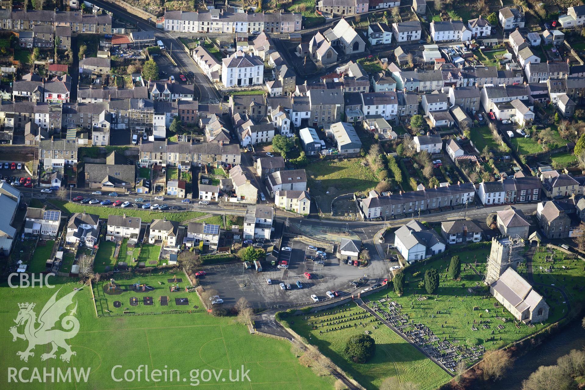 Llandysul including view of Capel-y-Graig; St. Tysul's Church and the Vicarage. Oblique aerial photograph taken during the Royal Commission's programme of archaeological aerial reconnaissance by Toby Driver on 6th January 2015.