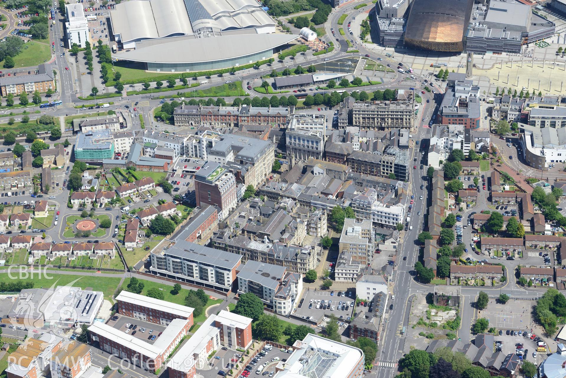 The Wales Millennium Centre and the Red Dragon Centre, Cardiff Bay. Oblique aerial photograph taken during the Royal Commission's programme of archaeological aerial reconnaissance by Toby Driver on 29th June 2015.