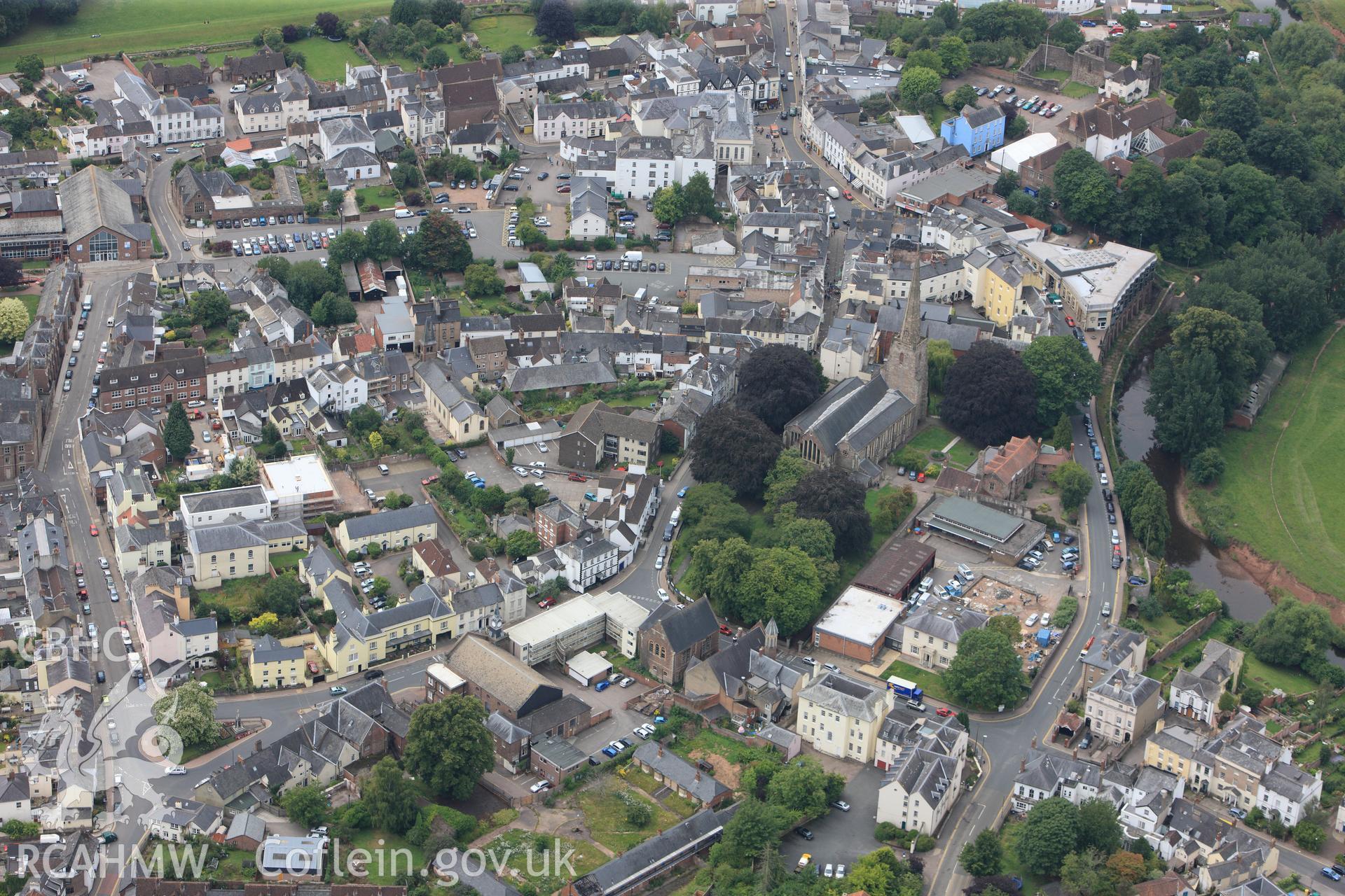 RCAHMW colour oblique photograph of Monmouth, with St Mary the Virgin Church. Taken by Toby Driver on 20/07/2011.