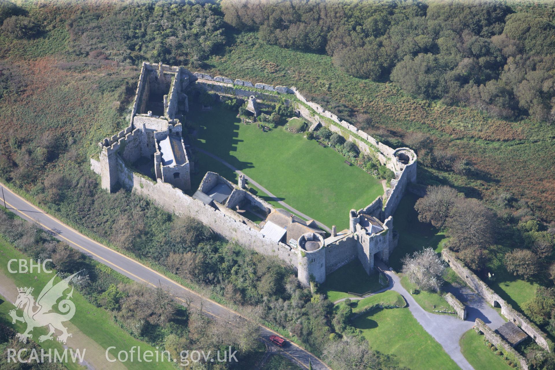 RCAHMW colour oblique photograph of Manorbier Castle, viewed from the east. Taken by Toby Driver and Oliver Davies on 28/09/2011.