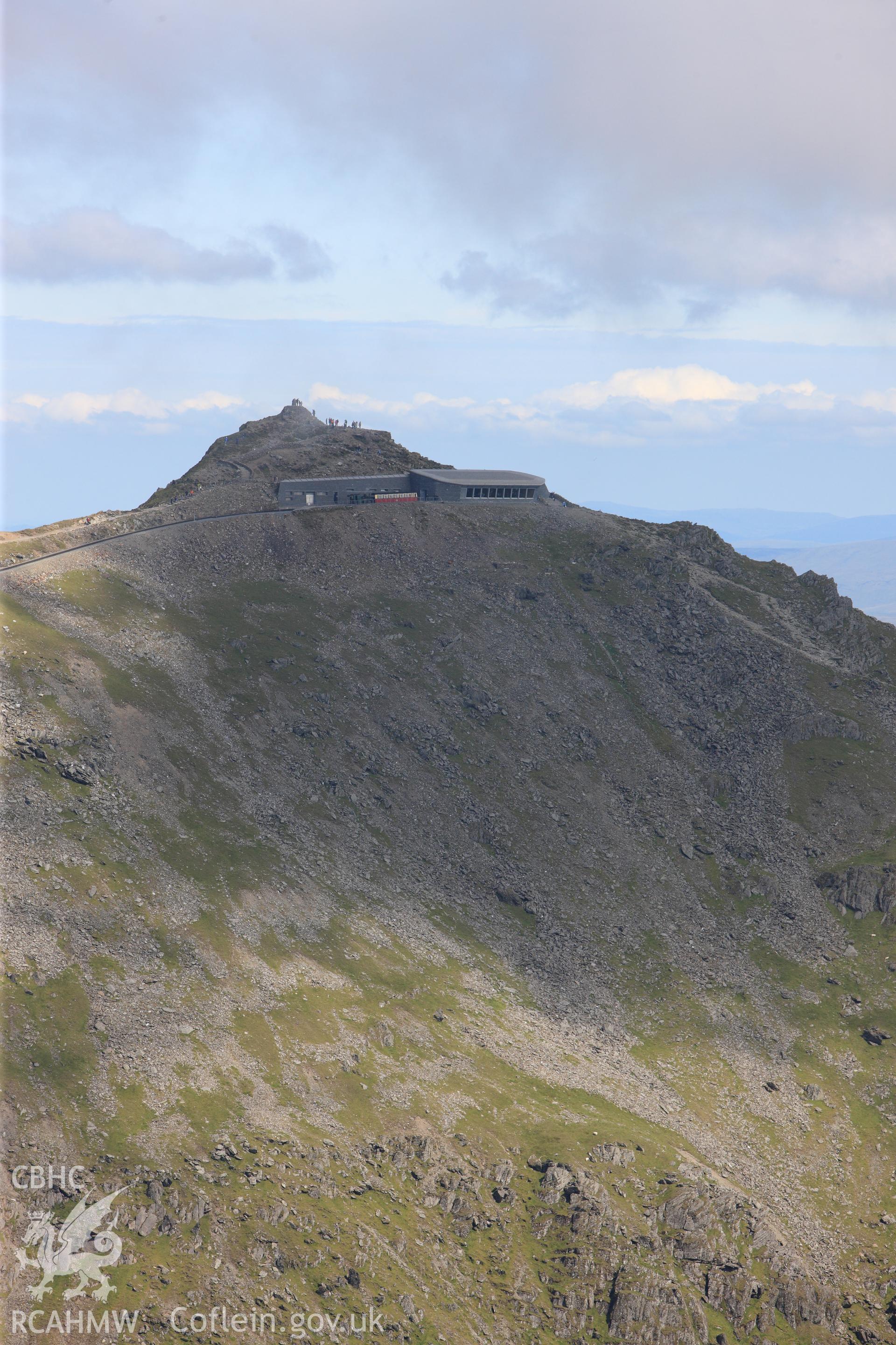RCAHMW colour oblique photograph of Snowdon Summit Station, Image used, in 'Historic Wales from the Air' (RCAHMW 2012). Figure 179. Taken by Toby Driver on 20/07/2011.