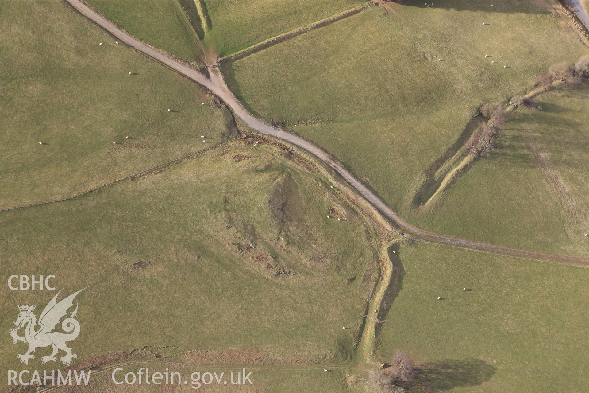 RCAHMW colour oblique photograph of Non-archaeological view showing agricultural earthworks, south of Llyn Clywedog Reservoir. Taken by Toby Driver on 22/03/2011.