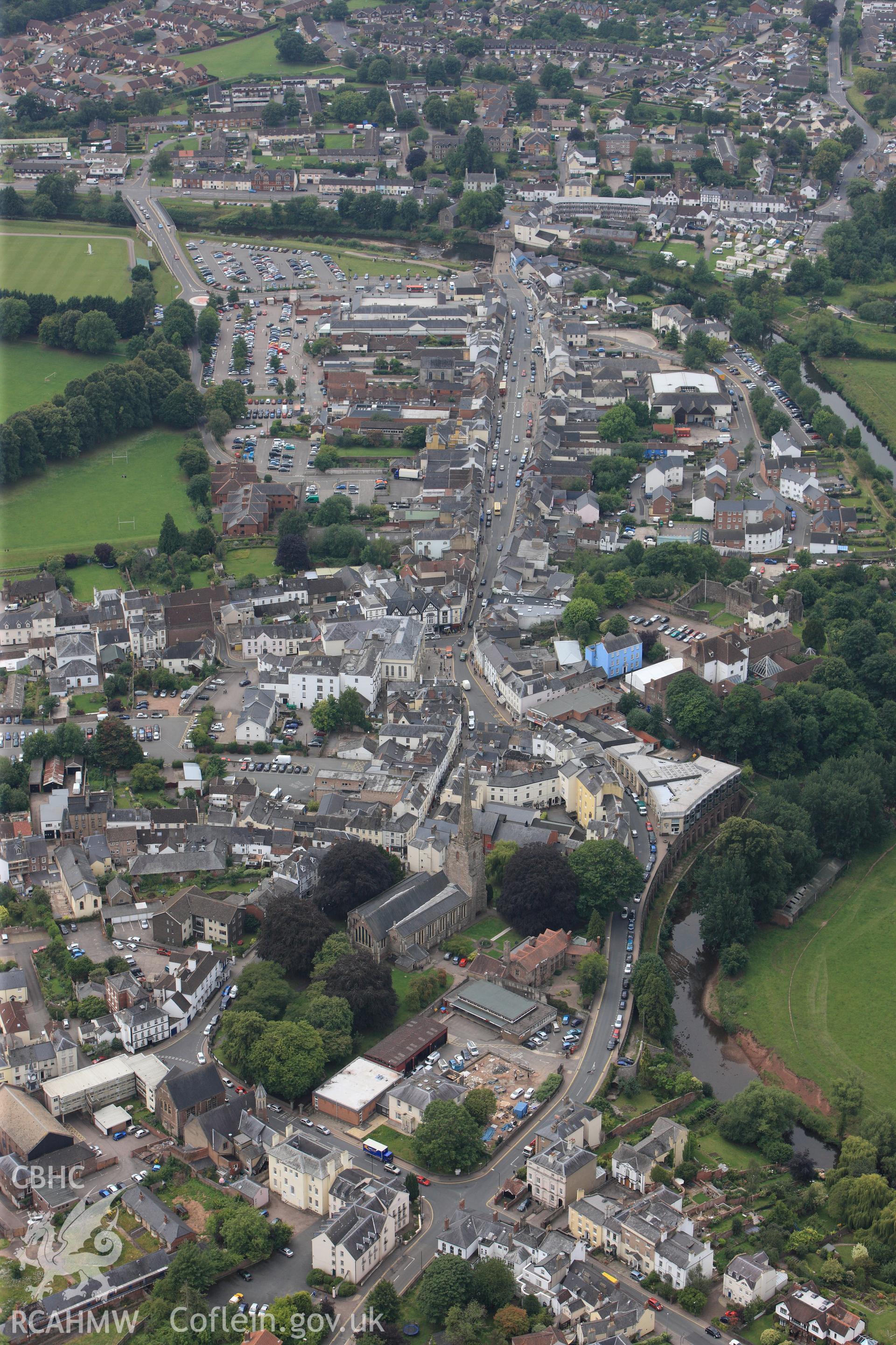 RCAHMW colour oblique photograph of Monmouth, with St Mary the Virgin Church. Taken by Toby Driver on 20/07/2011.