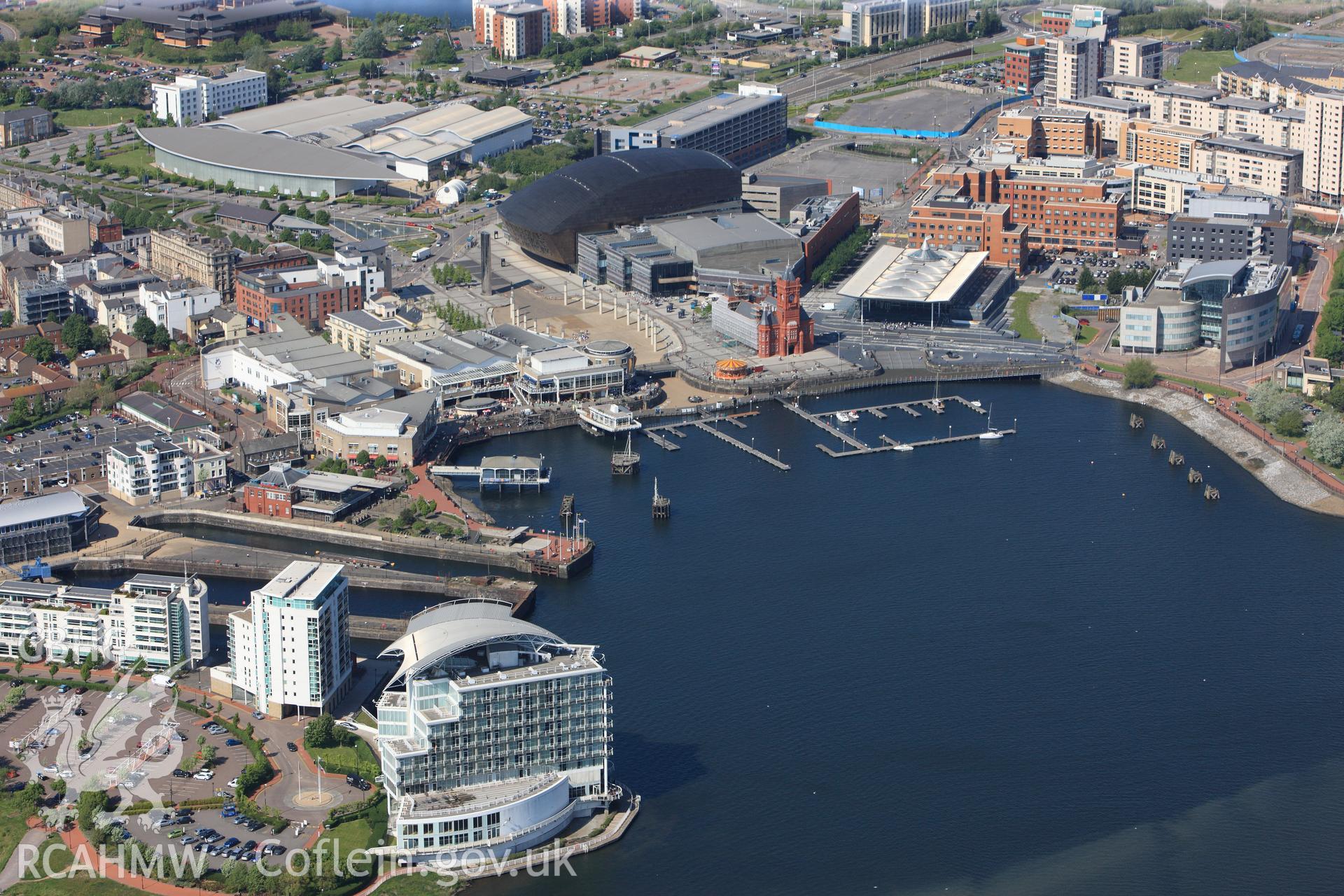 RCAHMW colour oblique photograph of Cardiff Bay, looking towards Mermaid Quay. Taken by Toby Driver on 22/05/2012.