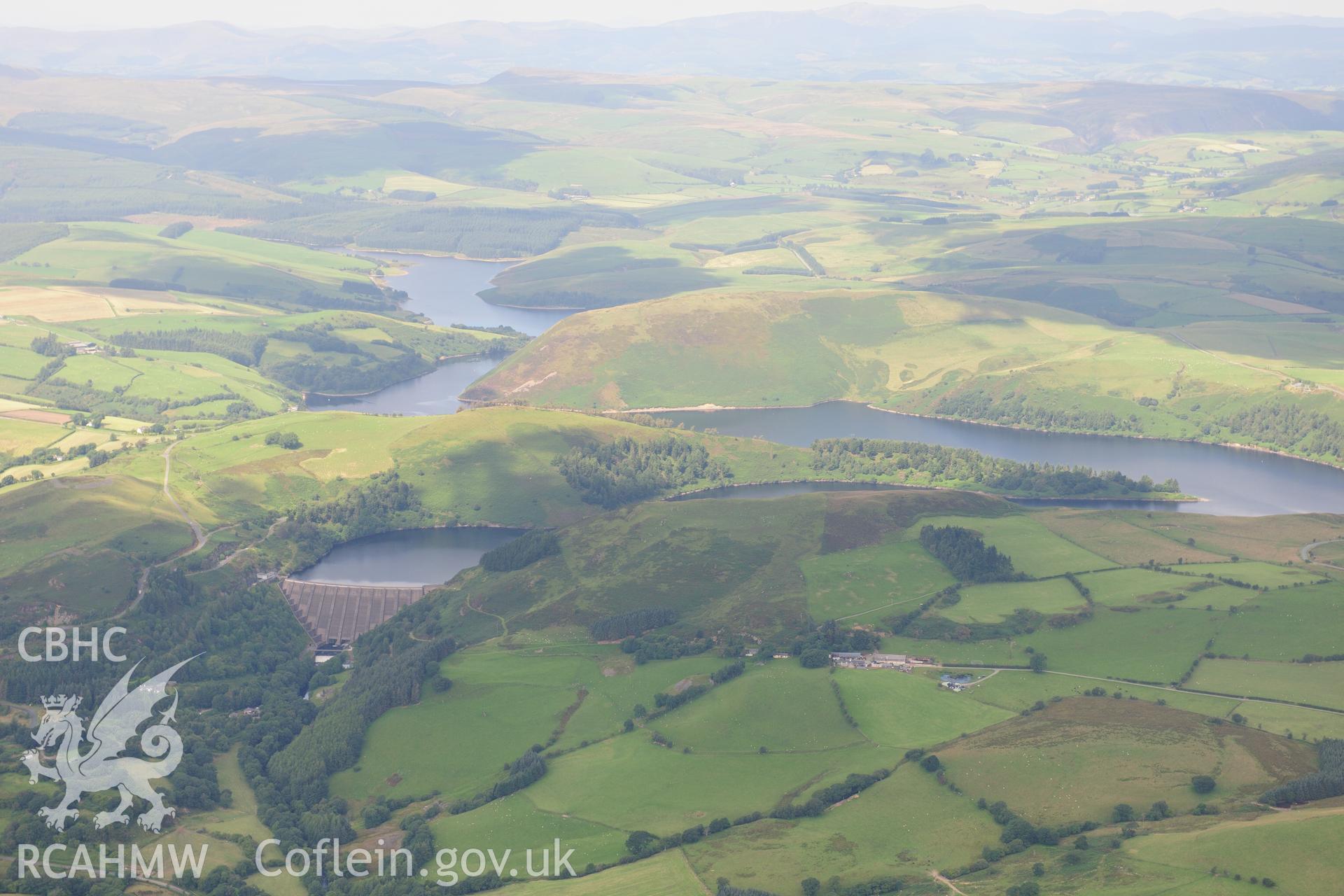 RCAHMW colour oblique photograph of Clywedog Dam and Clywedog Reservoir, looking north-west. Taken by Toby Driver on 10/08/2012.
