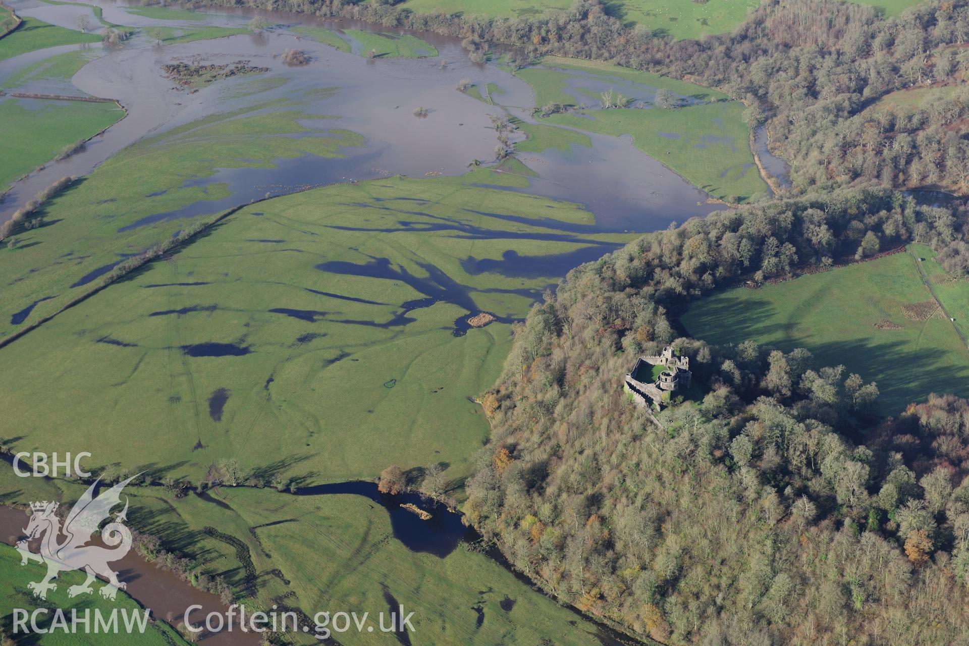 RCAHMW colour oblique photograph of Dinefwr Castle, landscape view from south-east with floods. Taken by Toby Driver on 23/11/2012.