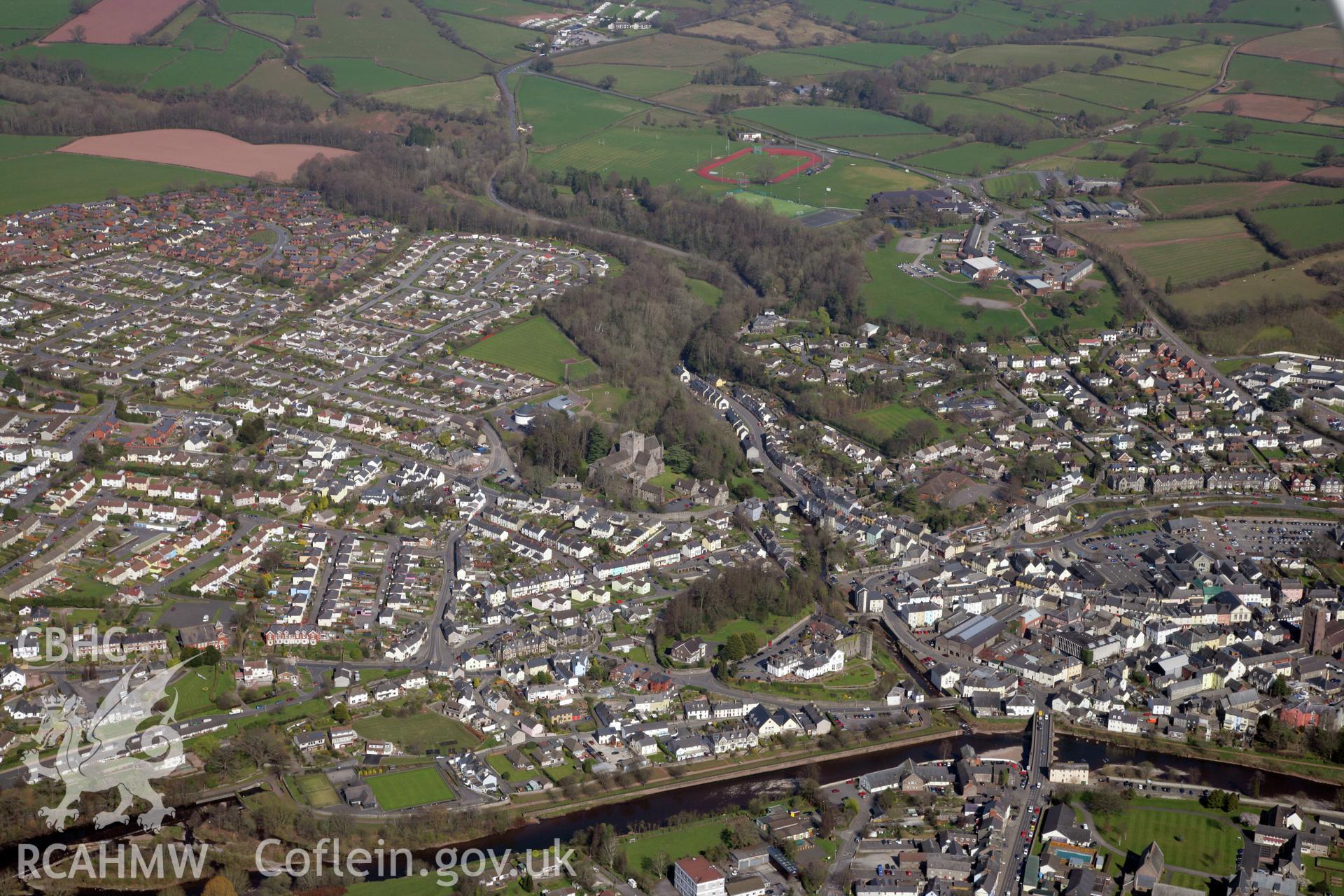 RCAHMW colour oblique photograph of Brecon Town and castle. Taken by Toby Driver and Oliver Davies on 28/03/2012.