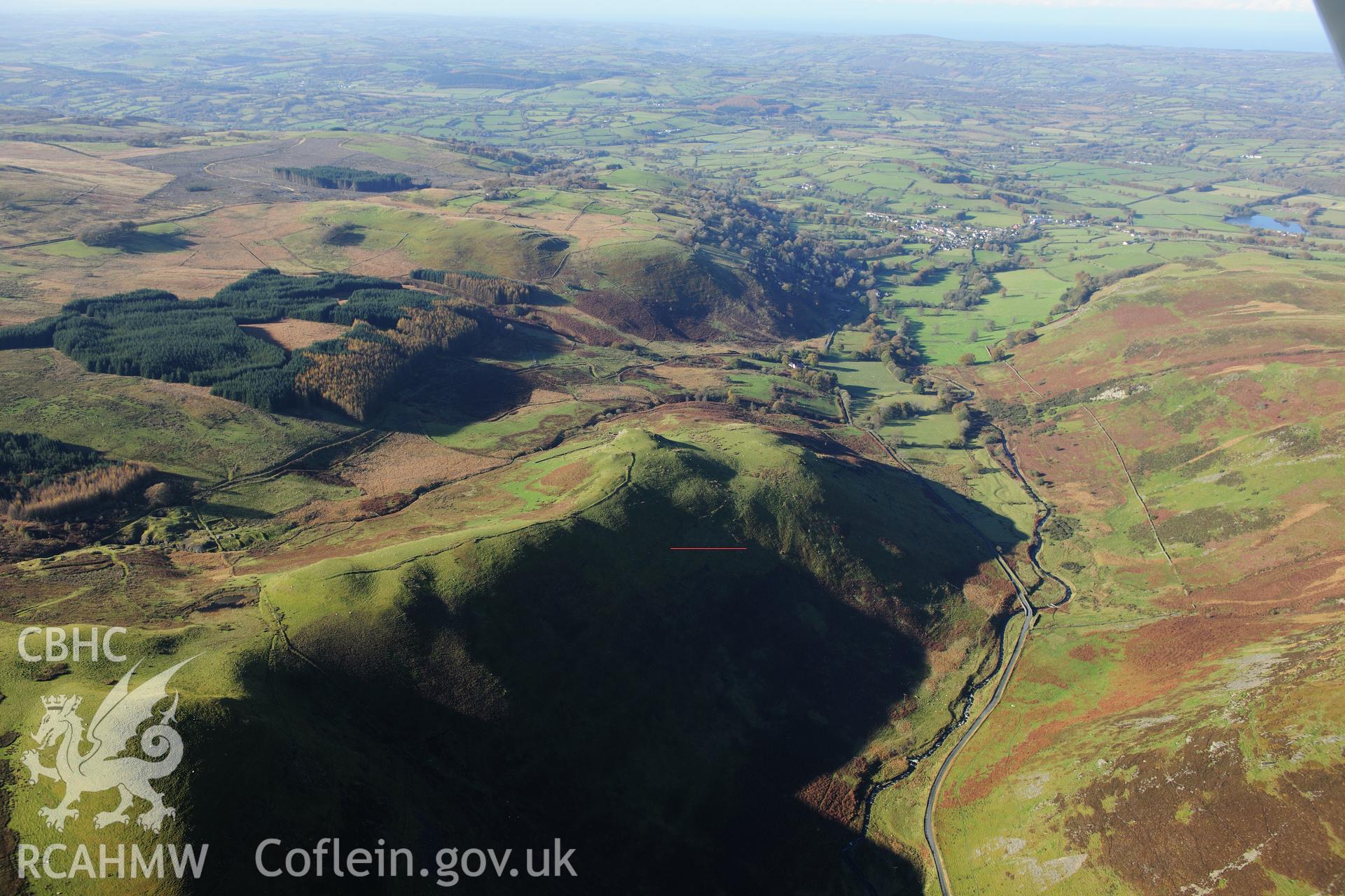 RCAHMW colour oblique photograph of Craig Curyll, landscape west to Llanddewi Brefi, with digital image error (red line). Taken by Toby Driver on 05/11/2012.