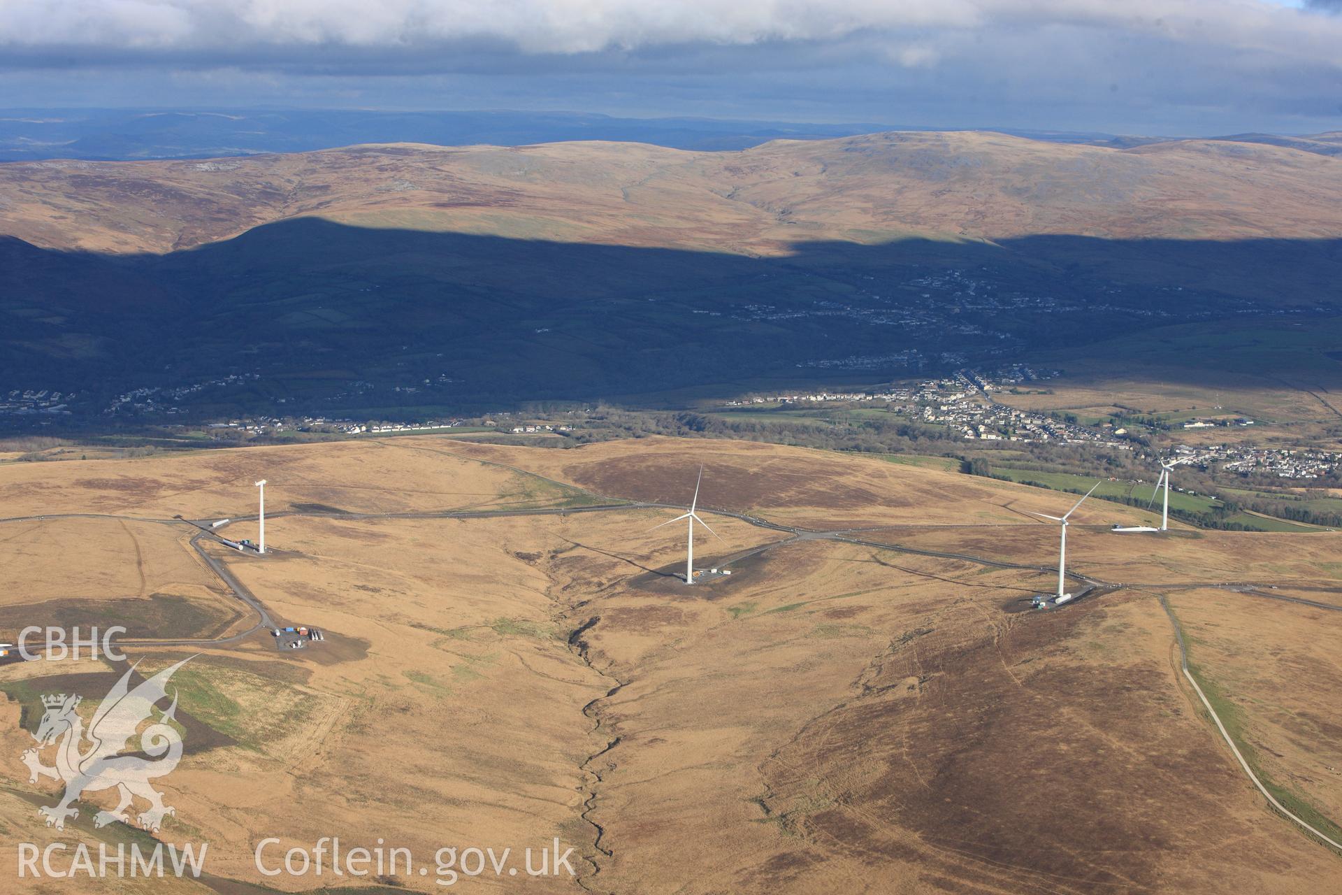 RCAHMW colour oblique photograph of Mynydd y Betws windfarm, view from south. Taken by Toby Driver on 28/11/2012.
