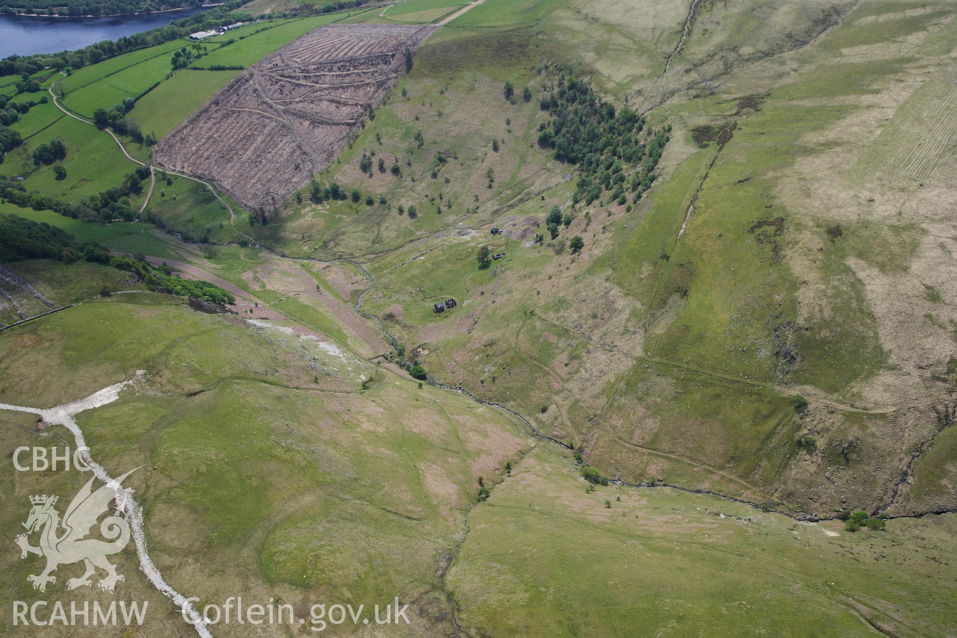 RCAHMW colour oblique photograph of Landscape view of Cwm Elan Lead Mine. Taken by Toby Driver on 28/05/2012.