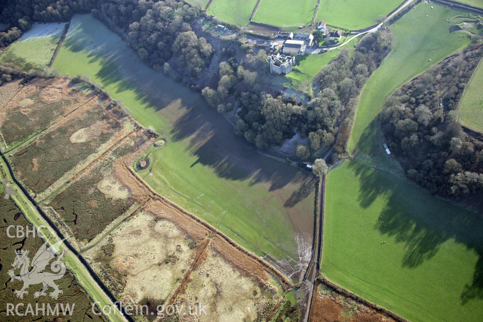 RCAHMW colour oblique photograph of Woebly Castle, Earthworks West Of Castle. Taken by Toby Driver on 02/02/2012.