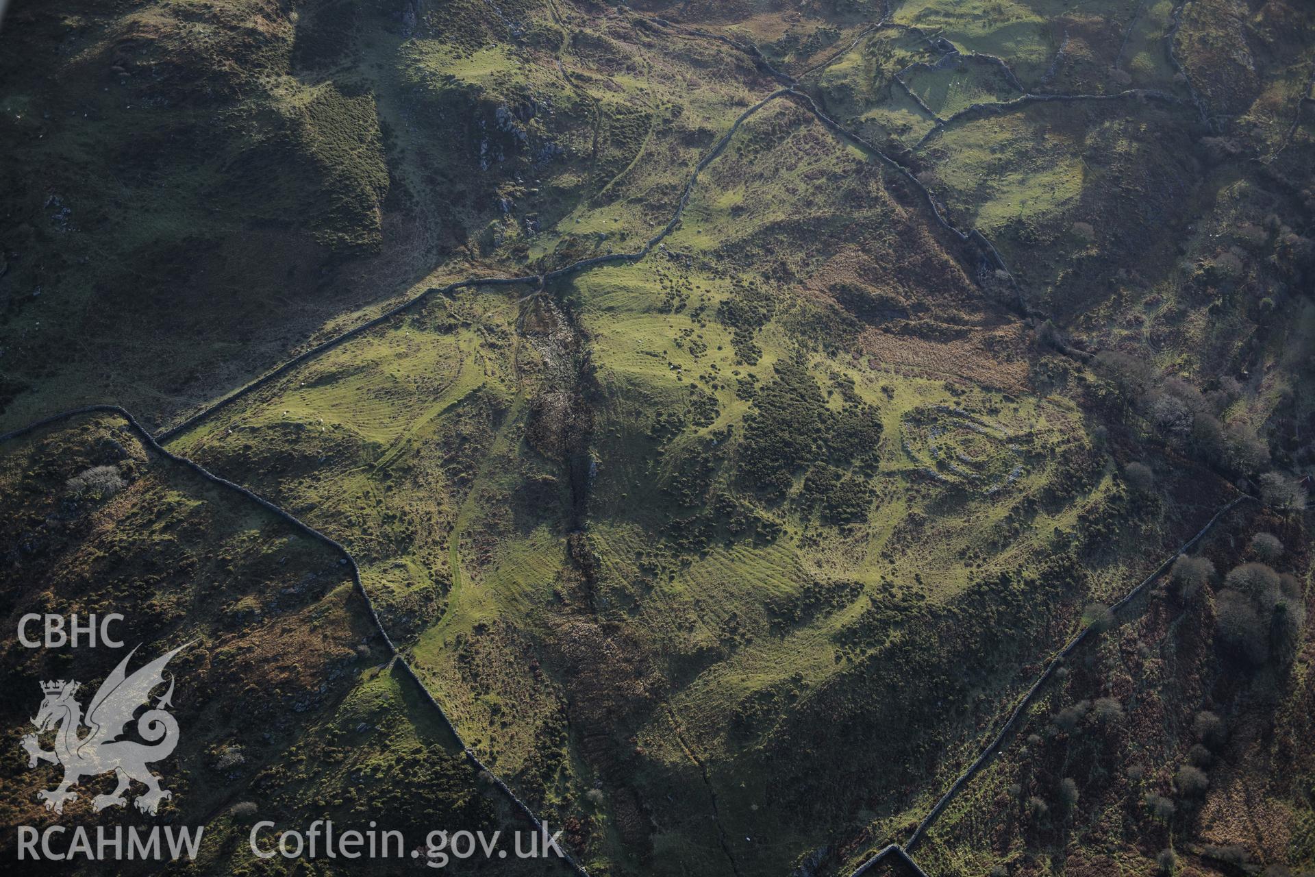 RCAHMW colour oblique photograph of Maes y Caerau homestead, and early cultivation. Taken by Toby Driver on 10/12/2012.