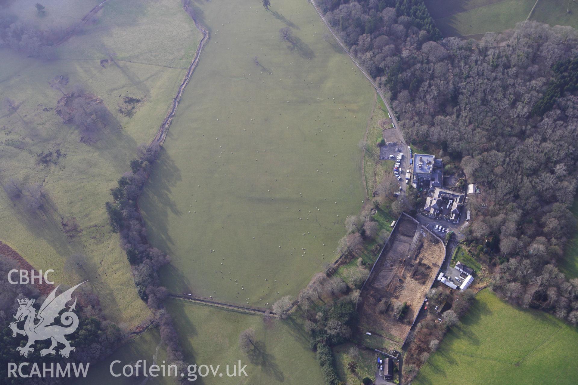 RCAHMW colour oblique photograph of Nanteos Mansion, with earthworks in parkland. Taken by Toby Driver on 07/02/2012.