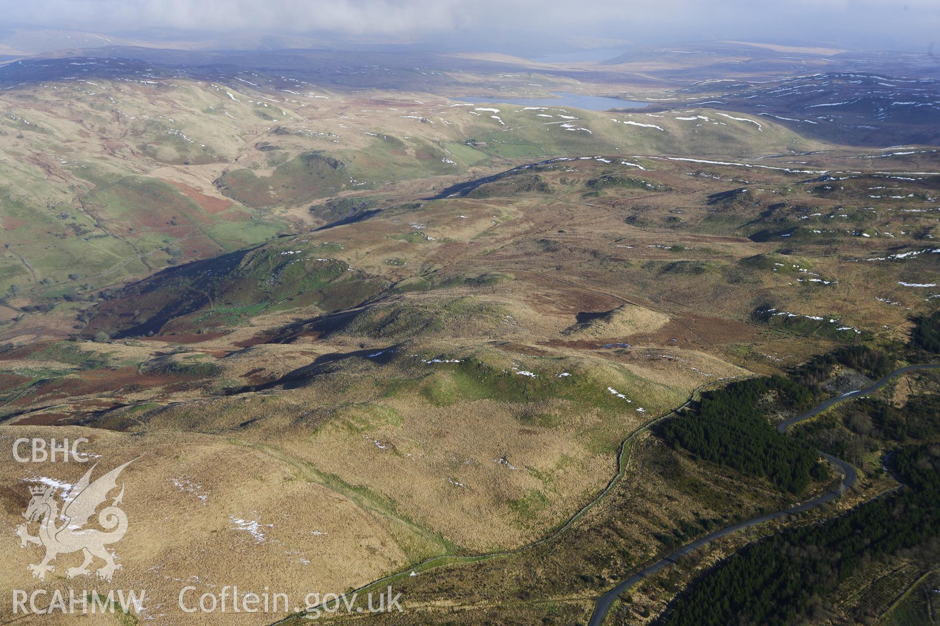 RCAHMW colour oblique photograph of Hafod Eidos Rural Settlement, long view. Taken by Toby Driver on 07/02/2012.