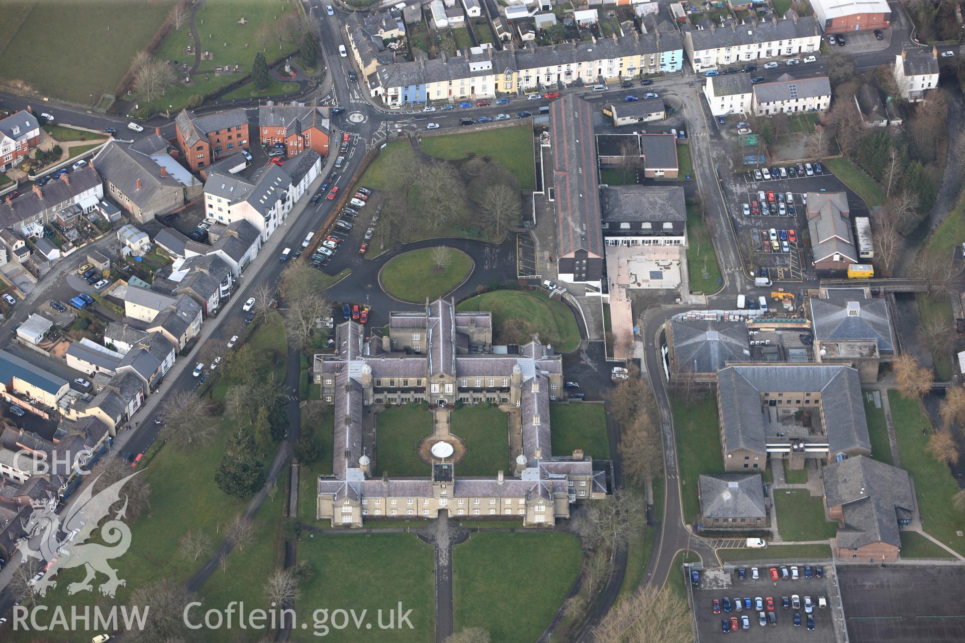 RCAHMW colour oblique photograph of St David's College, University of Wales Lampeter. Taken by Toby Driver on 07/02/2012.