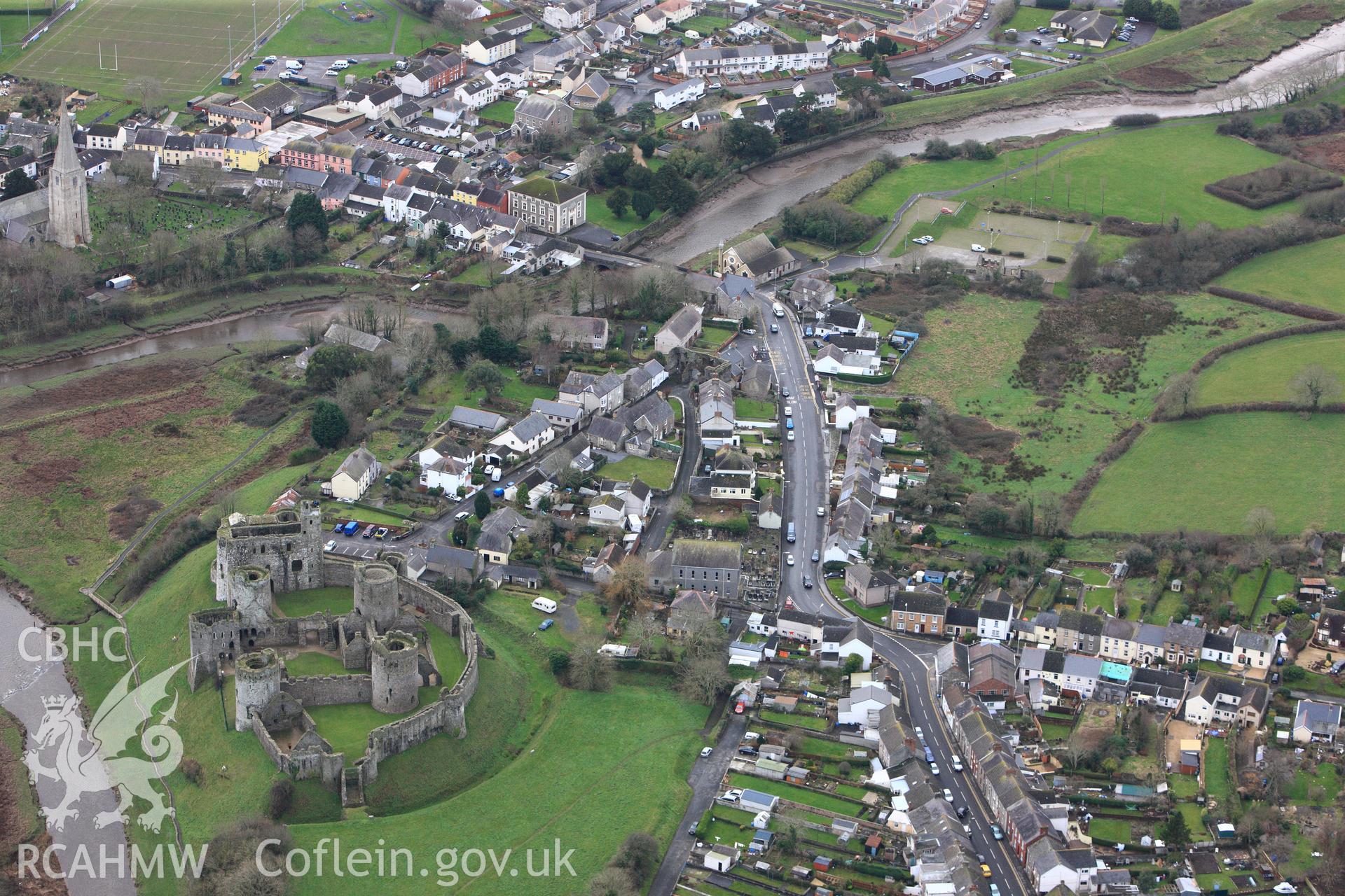 RCAHMW colour oblique photograph of Kidwelly Castle. Taken by Toby Driver on 27/01/2012.