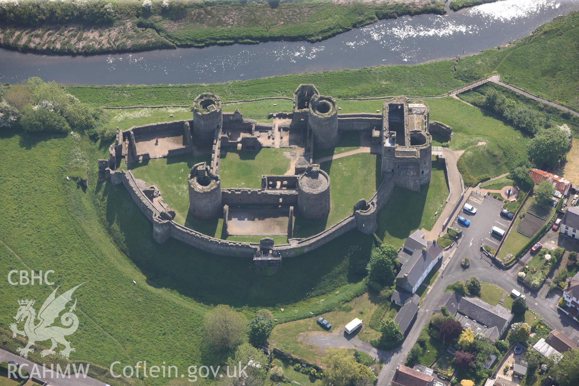 RCAHMW colour oblique photograph of Close view of Kidwelly Castle, looking east. Taken by Toby Driver on 24/05/2012.