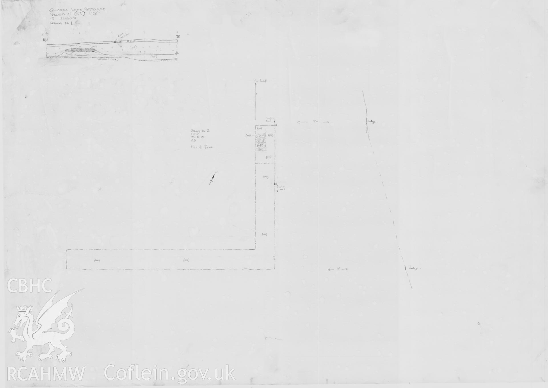 Digital photograph showing site plan, taken as part of Archaeological Watching Brief and Desk Based Assessment for the Old Bowling Green, Cannons Lane, Presteigne. CAP Report Number 653.