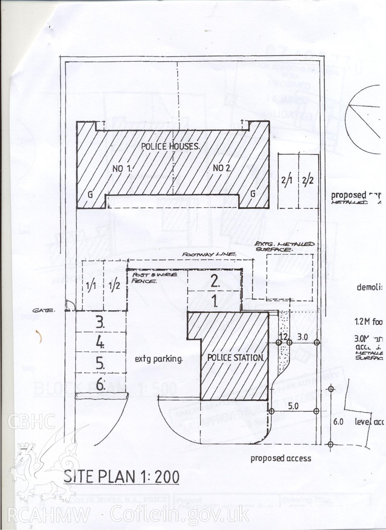Electronic copy of a site plan relating to an archaeological watching brief on Police Houses 1-2, Heol y Dwr, Hay on Wye. Produced by Cambrian Archaeological Projects Ltd: CAP Report No. 489, Project No. 880.