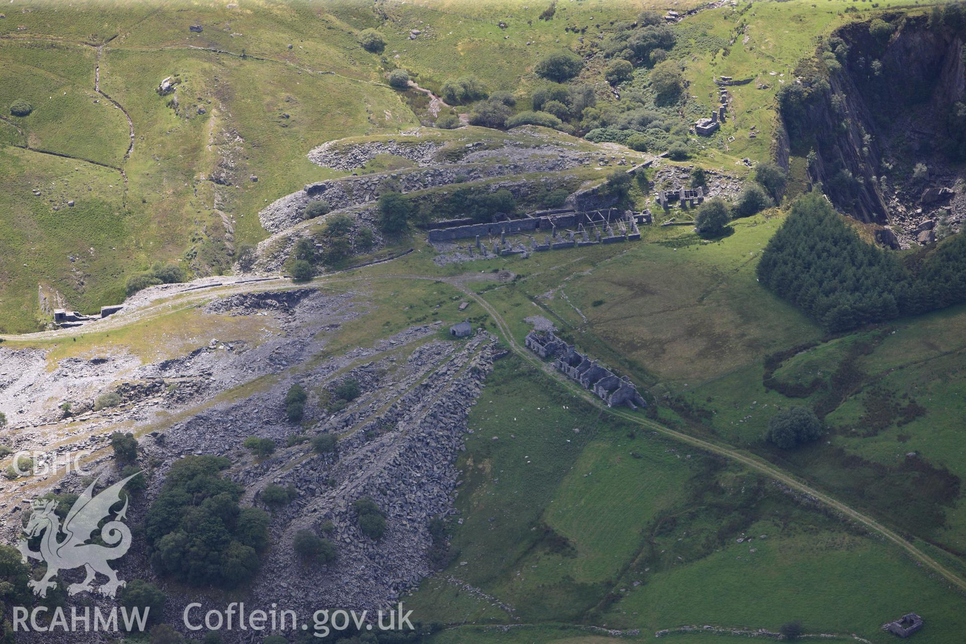 RCAHMW colour oblique photograph of Rhos Quarry, Capel Curig, viewed from the west. Taken by Toby Driver on 10/08/2012.