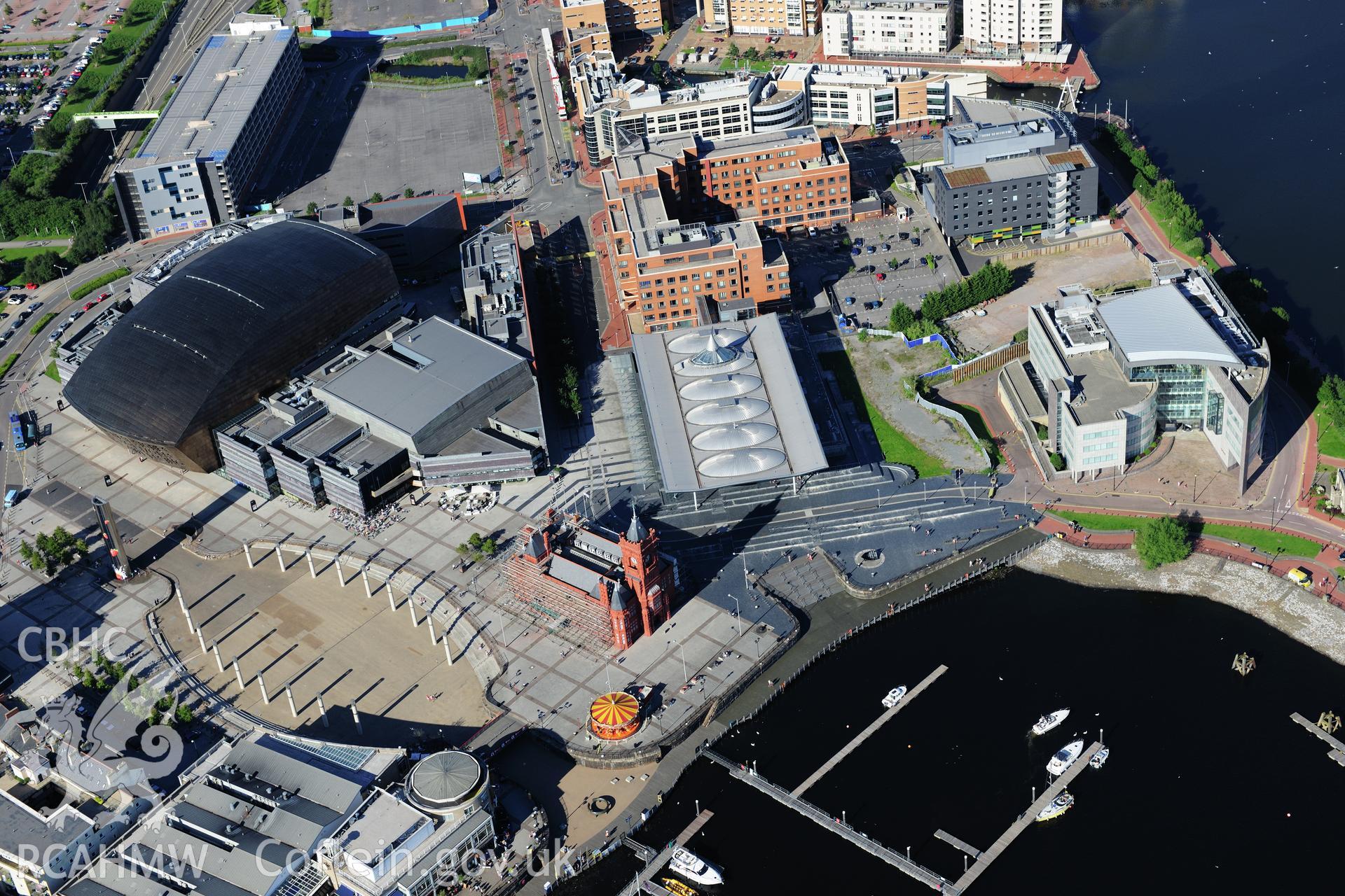 RCAHMW colour oblique photograph of Cardiff Bay, Pierhead Building and Senedd. Taken by Toby Driver on 24/07/2012.