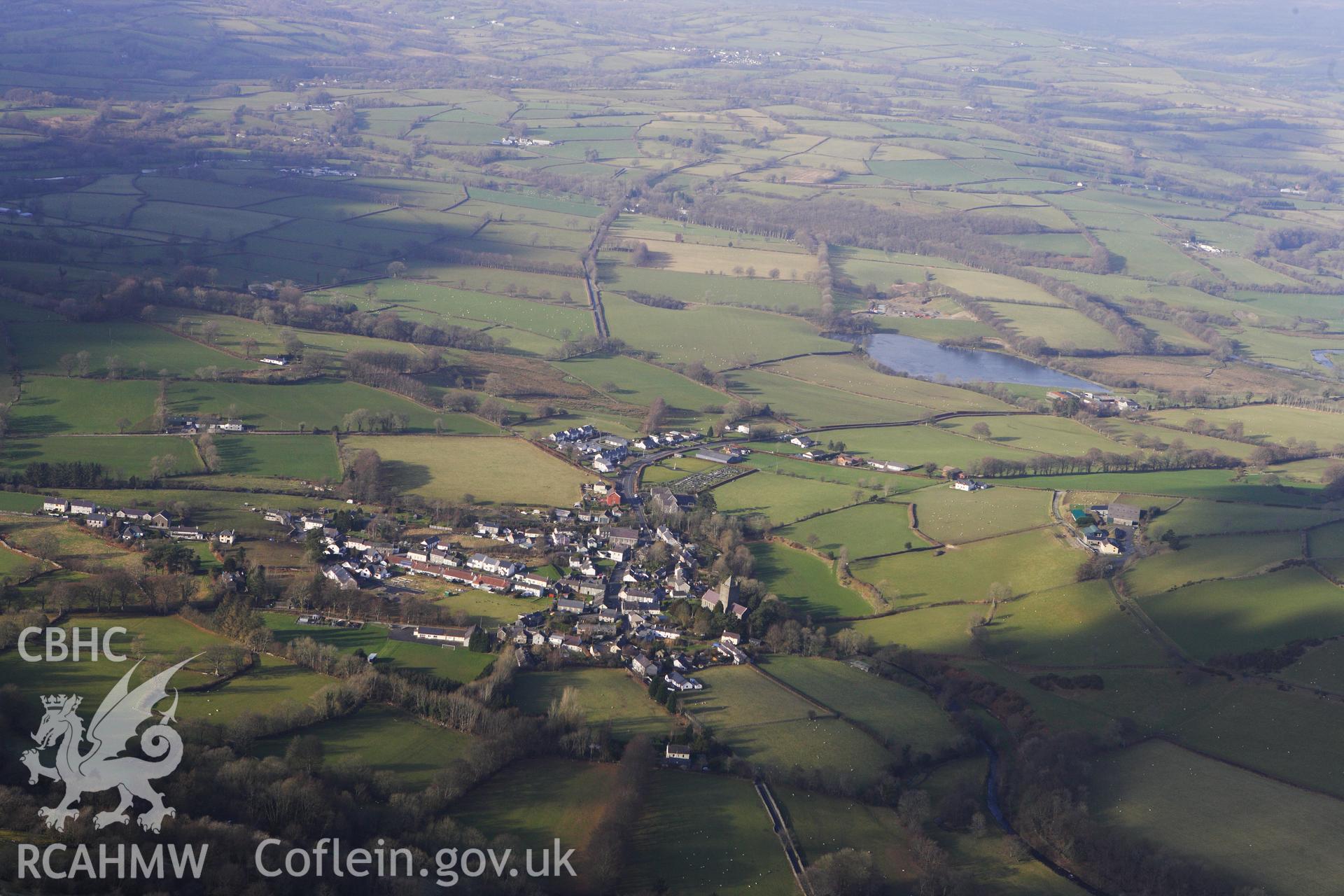 RCAHMW colour oblique photograph of Llanddewi Brefi, View from South. Taken by Toby Driver on 07/02/2012.