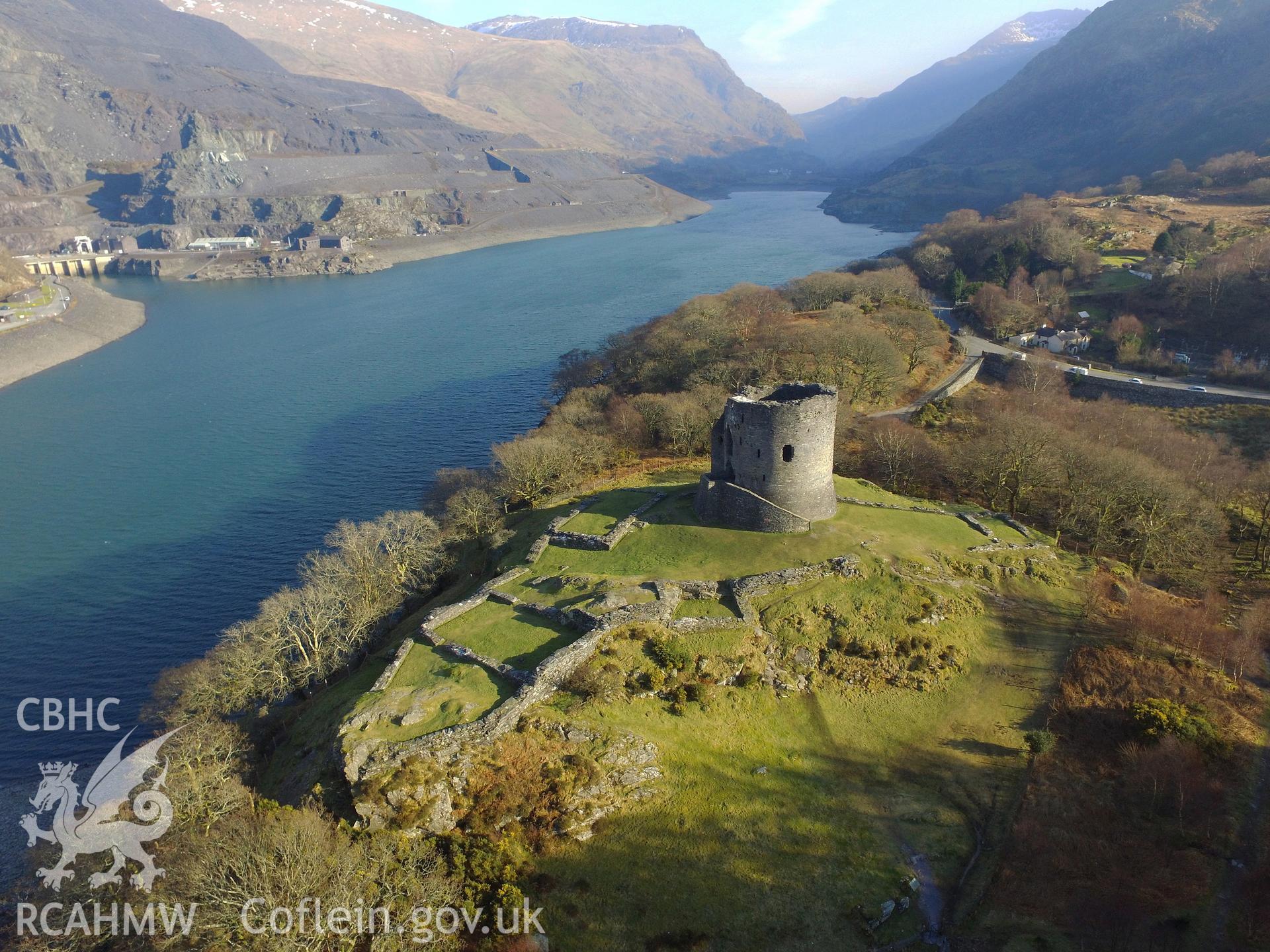Colour photo showing aerial view of Dolbadarn Castle, Llanberis, taken by Paul R. Davis, 24th February 2018.