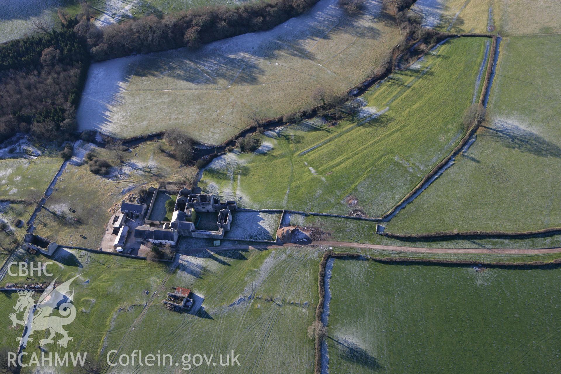 RCAHMW colour oblique photograph of Old Beaupre Castle, and garden earthworks. Taken by Toby Driver on 08/12/2010.