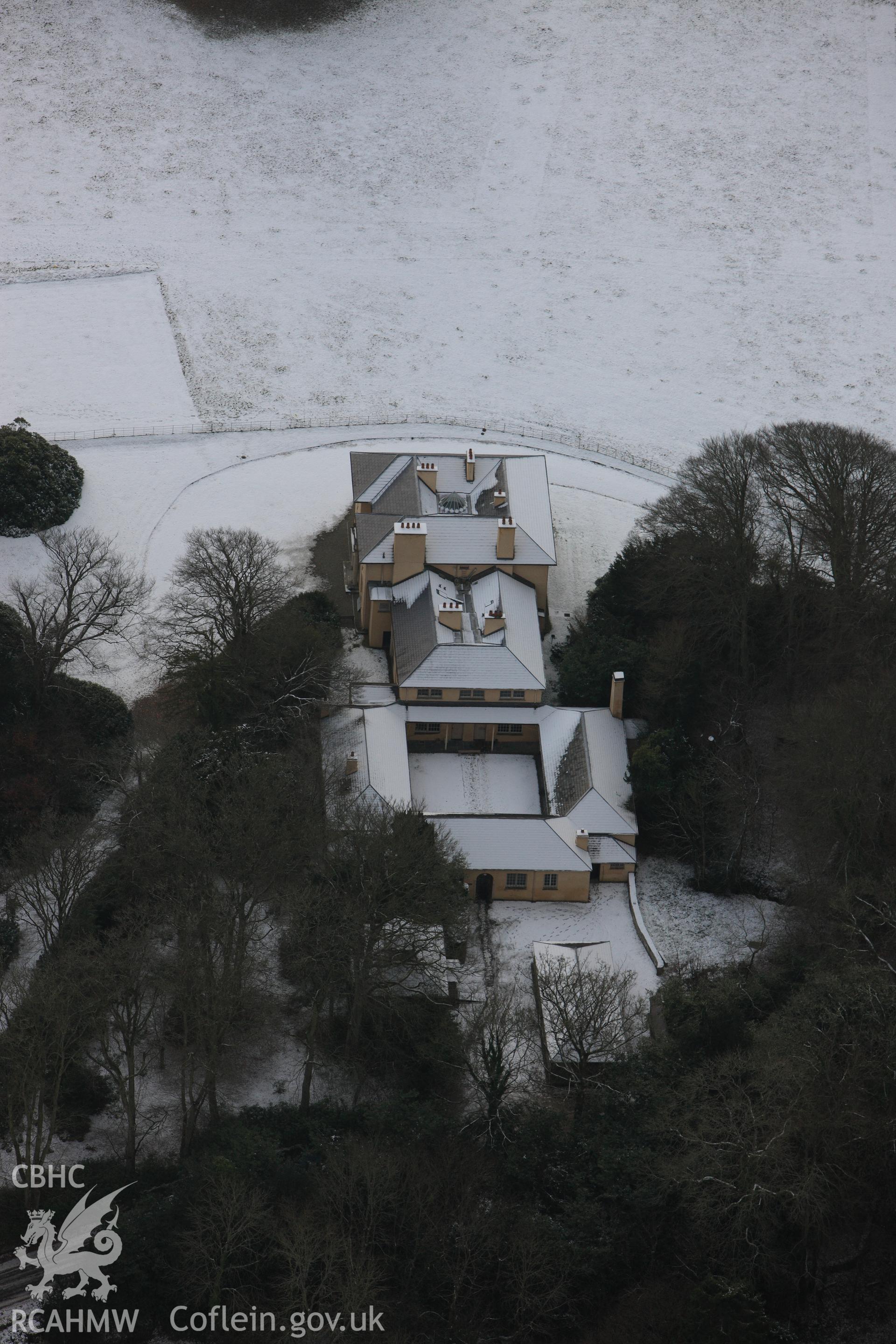 RCAHMW colour oblique photograph of Llanerchaeron House. Taken by Toby Driver on 02/12/2010.