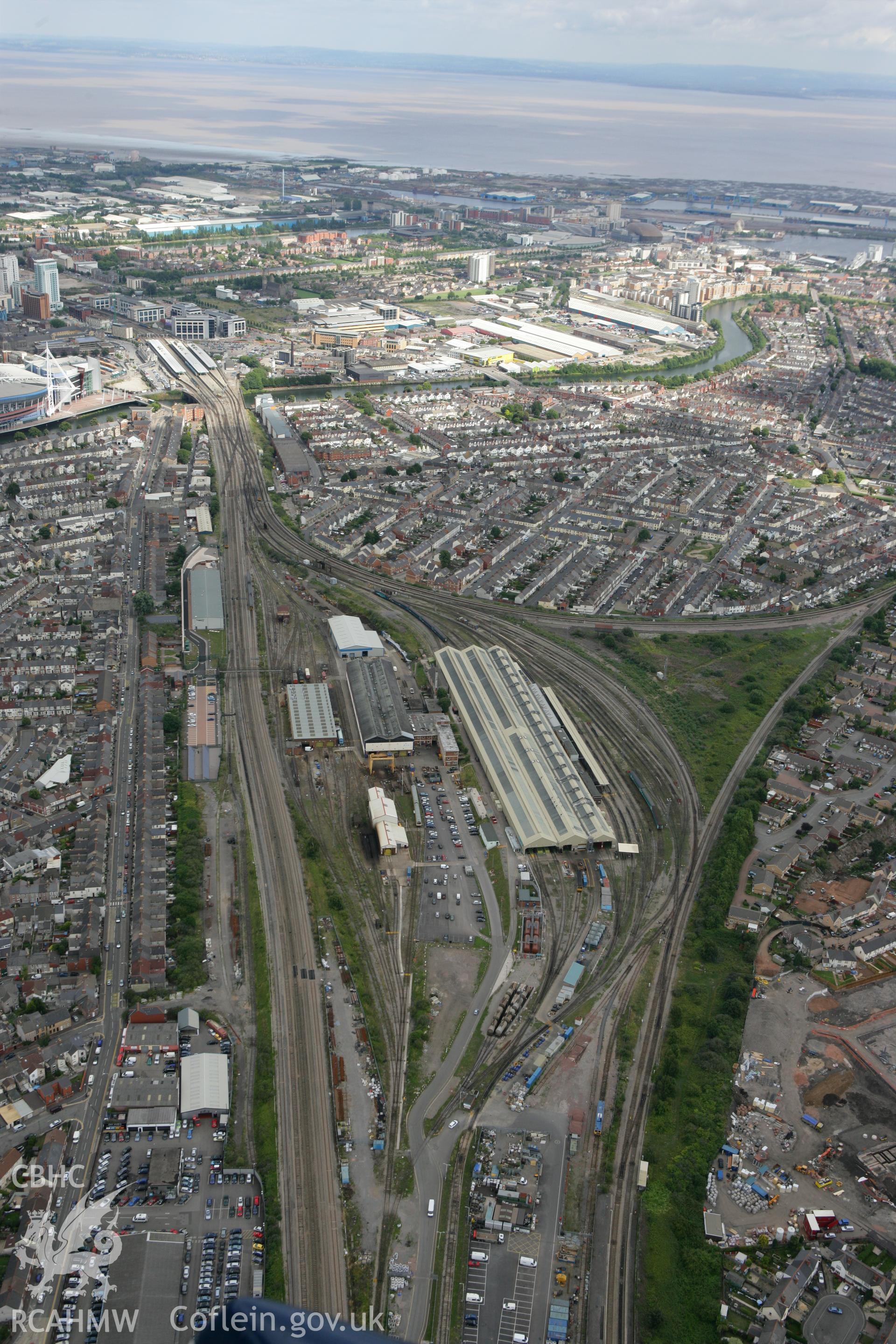 RCAHMW colour oblique photograph of railway terminals, Saltmead, Cardiff, looking south-east towards Cardiff Docks. Taken by Toby Driver on 29/07/2010.