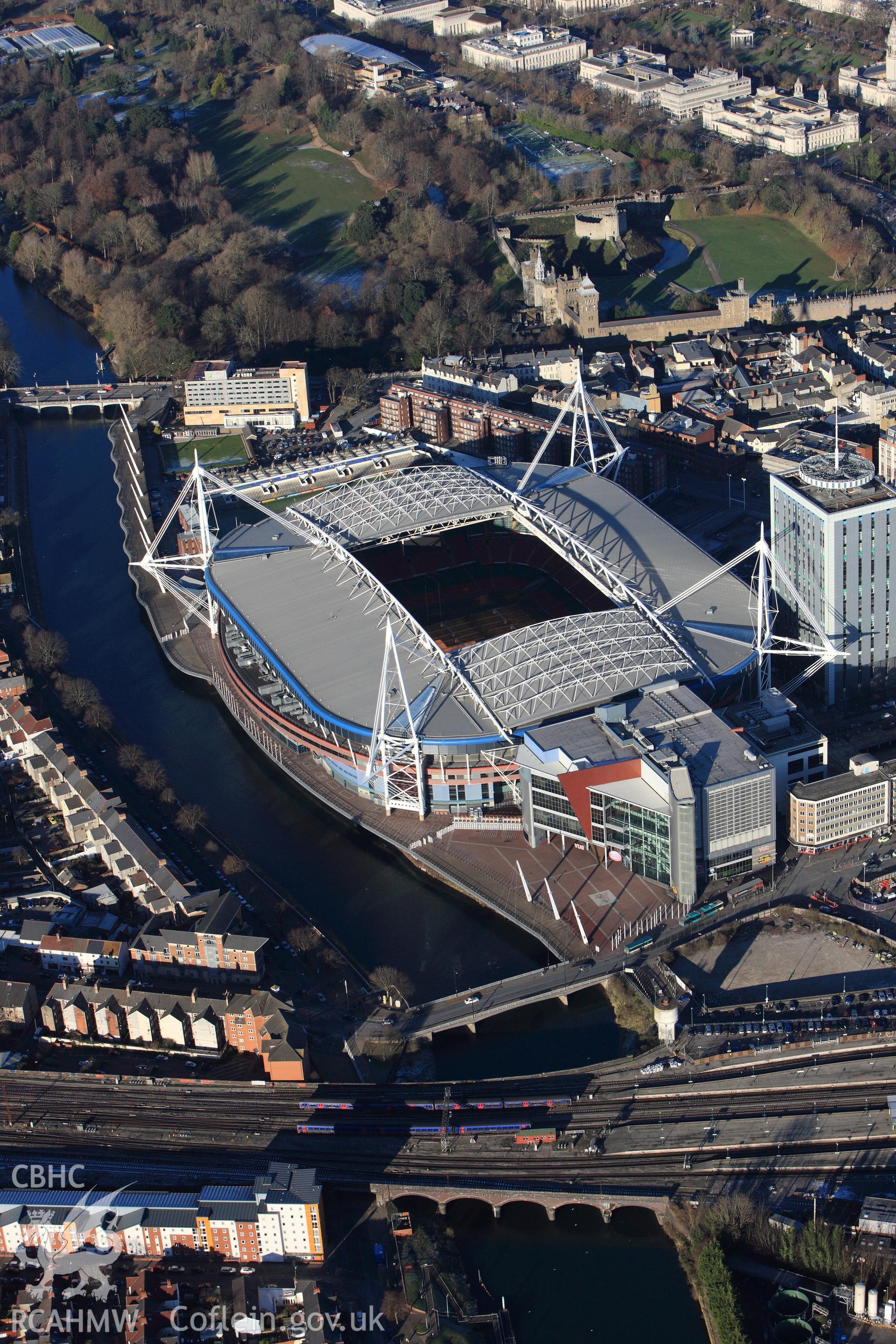 RCAHMW colour oblique photograph of Cardiff Millenium Stadium. Taken by Toby Driver on 08/12/2010.