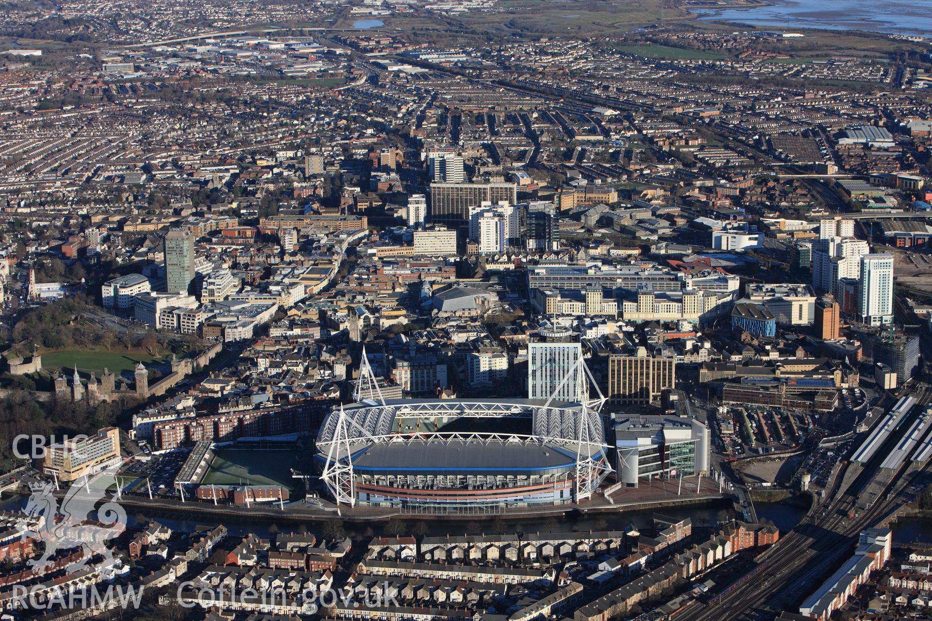 RCAHMW colour oblique photograph of Cardiff city centre, showing the Millennium Stadium. Taken by Toby Driver on 08/12/2010.