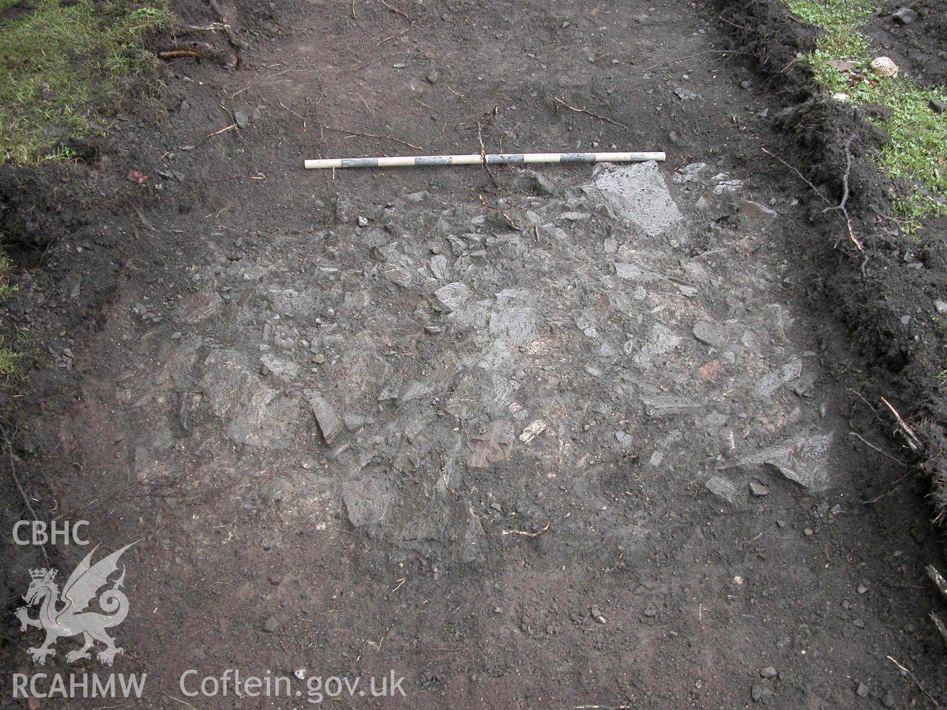 Digital photograph captioned: 'Plan view of stone feature (105), scale 1x1m' plate 1 of Archaeological Watching Brief and Desk Based Assessment for the Old Bowling Green, Cannons Lane, Presteigne. CAP Report Number 653.