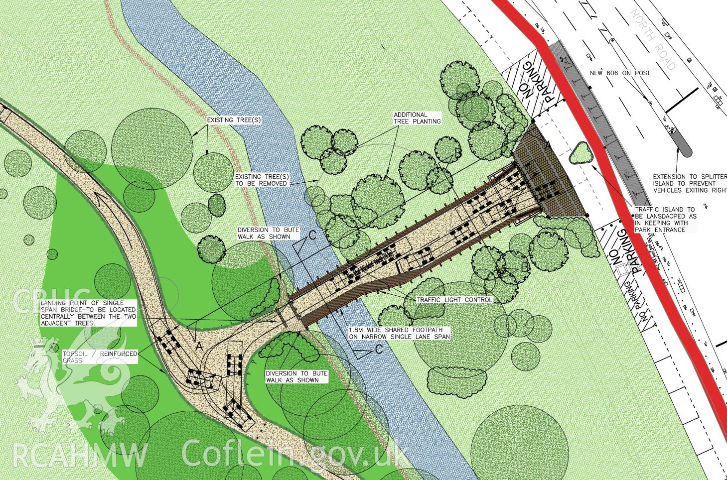Digital plan showing proposed bridge at Bute Park and area of excavation (CAP Report 578) by K W Collins.